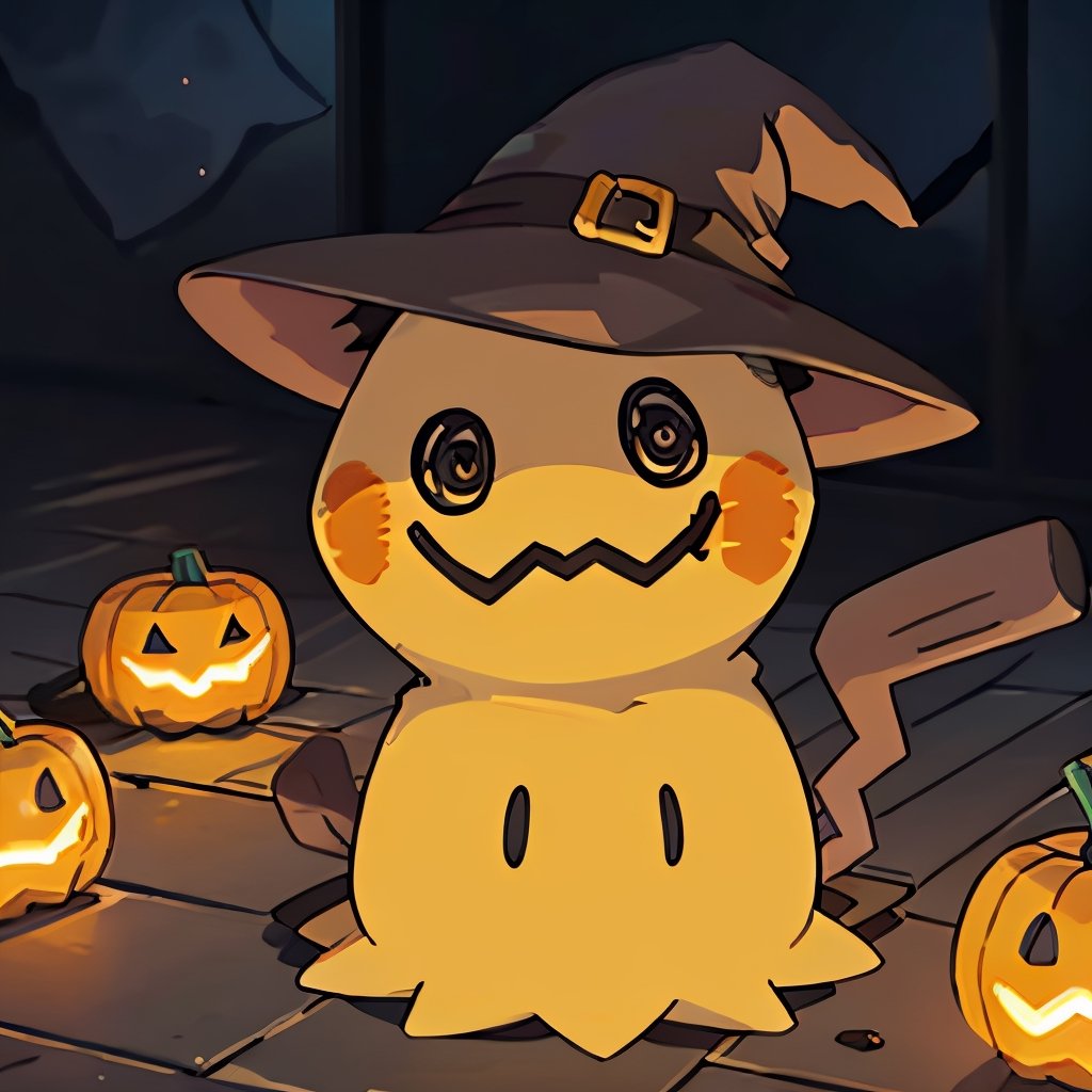 ((masterpiece,best quality)), absurdres,,  no humans,  pumpkin, halloween,  witch hat, solo, looking at viewer, cinematic composition, ,Mimikyu_Pokemon