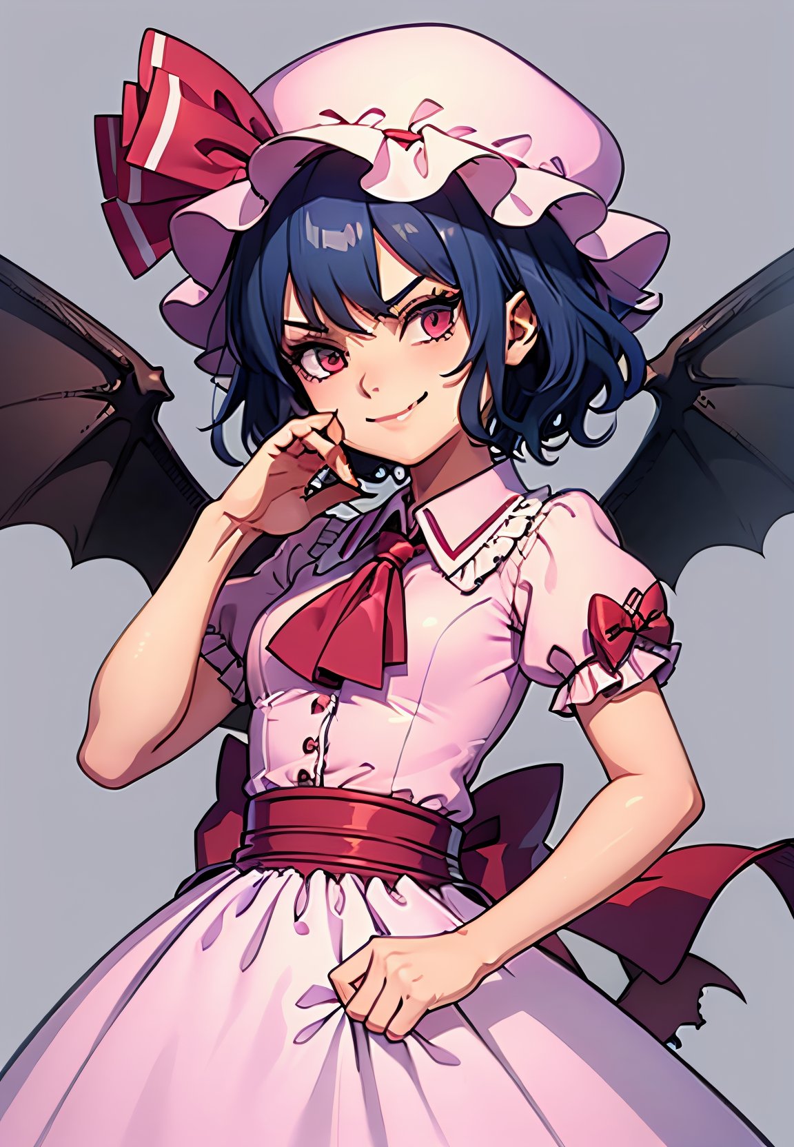 masterpiece, best quality,  ,1girl,pink dress,mob cap,ribbon,blue hair,evil smile,bow,ascot,wings,grey background, (kbxll:0.8)