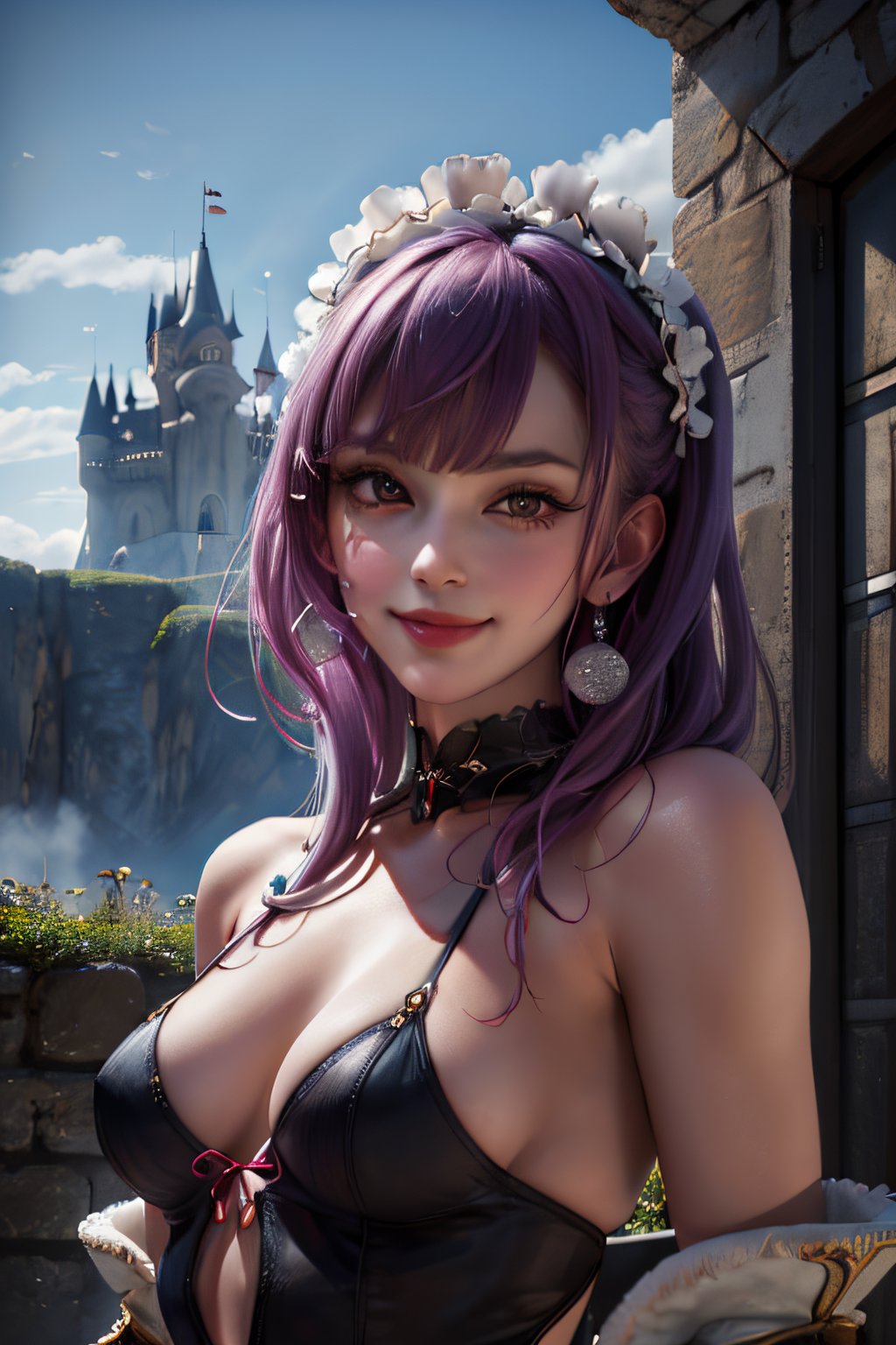 ((masterpiece,best quality)), absurdres,, Dark_Eclair, 1girl, solo, smug, smiling, looking at viewer, upper body, detailed face, up close, castle and towers in background, cinematic composition, 