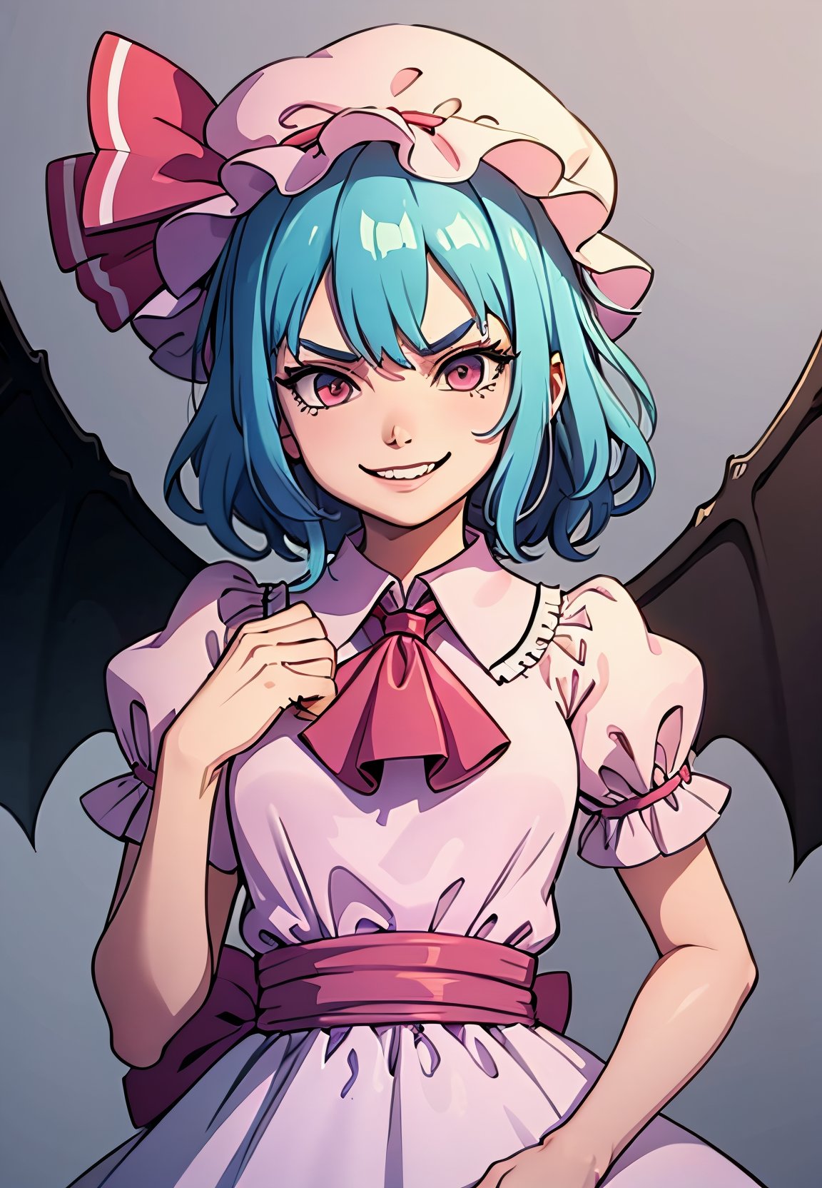 masterpiece, best quality,  ,1girl,pink dress,mob cap,ribbon,blue hair,evil smile,bow,ascot,wings,grey background, (kbxll:0.8)