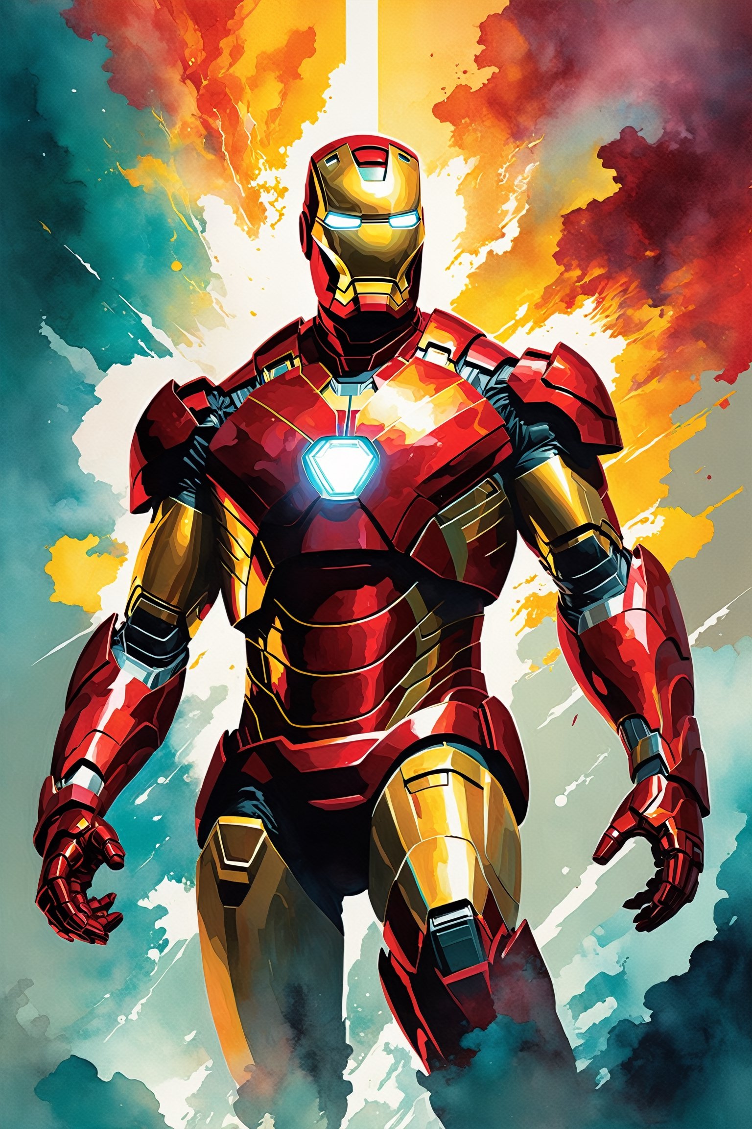 marvel cinematic universe iron man , epic comic book illustration, enveloping a person in a warm, bright light, sharp contours, clean lines, romantic illustrations, wonderful tones, studio portraits, vibrant, detailed and dreamy atmospheric portraits, fun, captivating color palette. anime characters, surreal atmosphere, dreamlike scenes, ethereal atmosphere, Watercolor style, exquisite clipart magazine cover composition, award-winning image. hyperactive imagination, interactive, highly detailed image