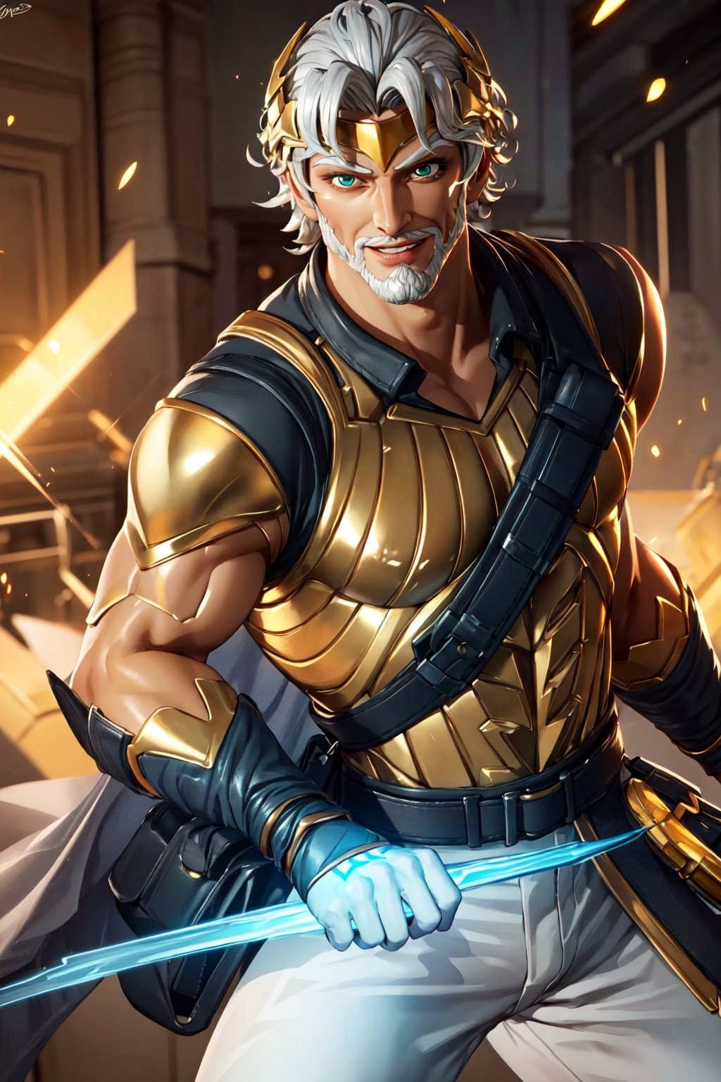 zeusfortnitev1, 1boy, white skin, white hair, white hair, mature male, green eyes, facial hair, bulge, , light smile, shotgun shell bandolier, golden armor,  dynamic pose, action pose, holding weapon,masterpiece