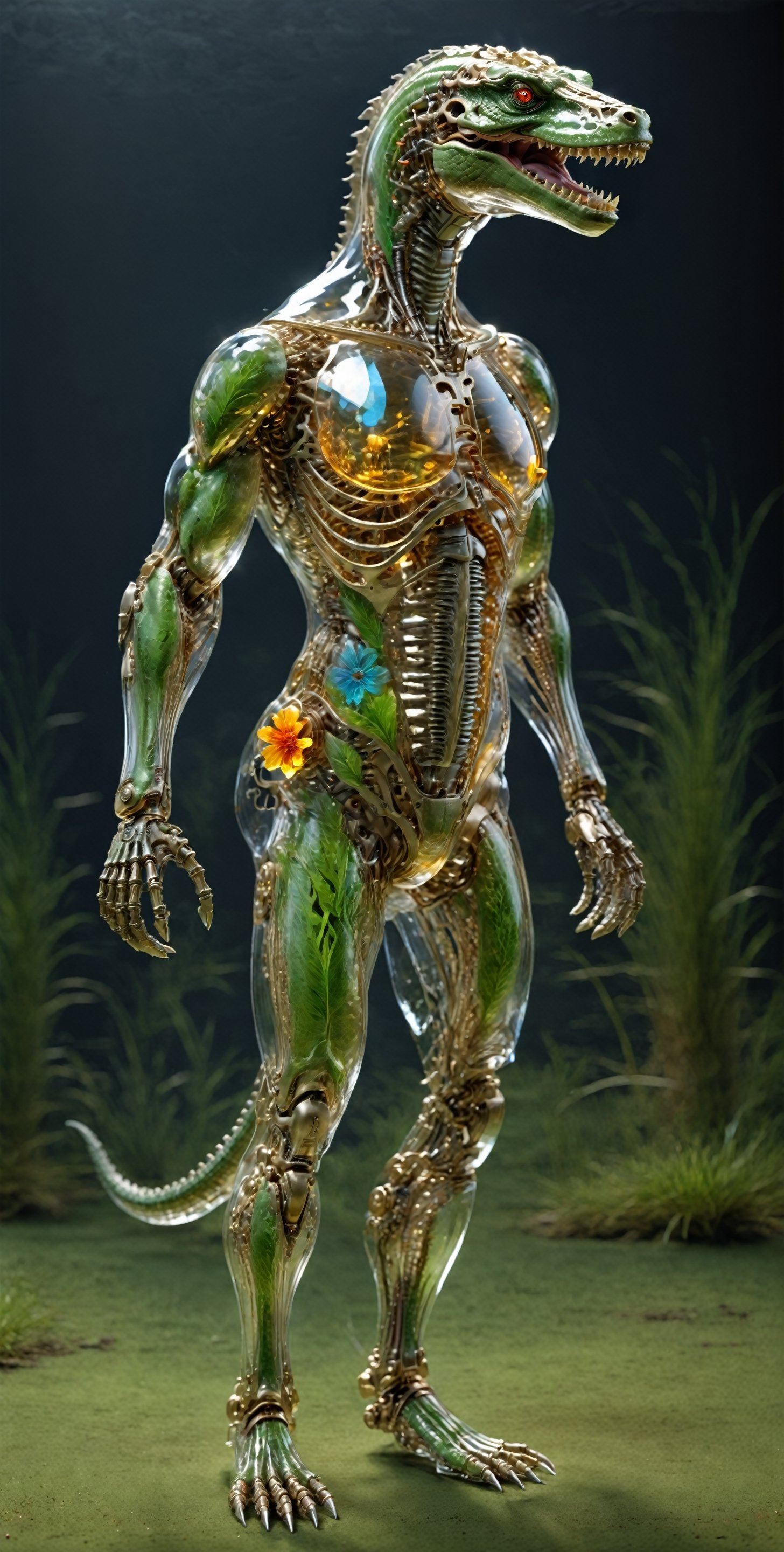 ((Masterpiece)), ((Best Quality)), 8k, High Detail, Super Detail, (Sophisticated Stealth), ((Mechanical cocodrile : 1.5)), Accurate Anatomy, Rich Plants, (Grassland Creatures ), (grassland: 1.5), (mechanical part: 1.3), skeleton body, (transparent: 1.5), c1bo,