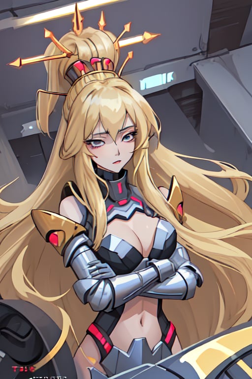 long haired blonde queen wearin high tech armor, exposed chest.,Agatha