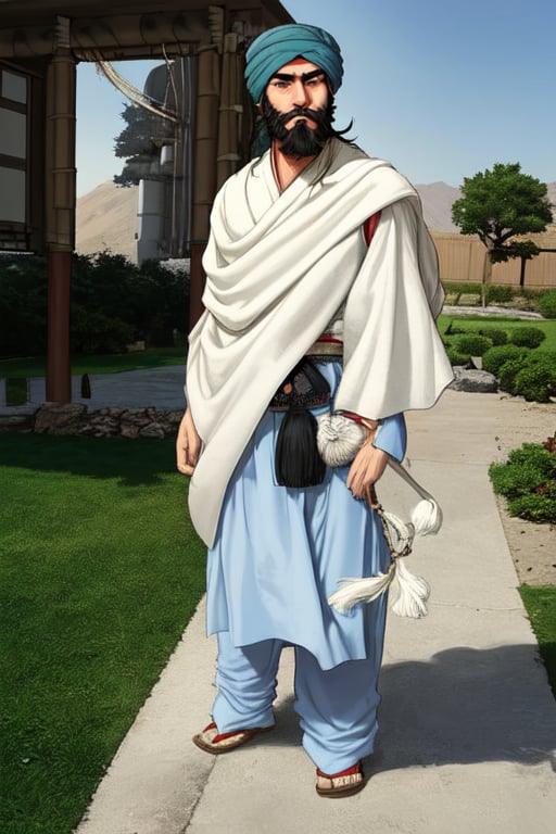 Afghan Freedom Fighter, bearded, detailed nose and eyes, wearing turban, A Traditional Japanese Art.