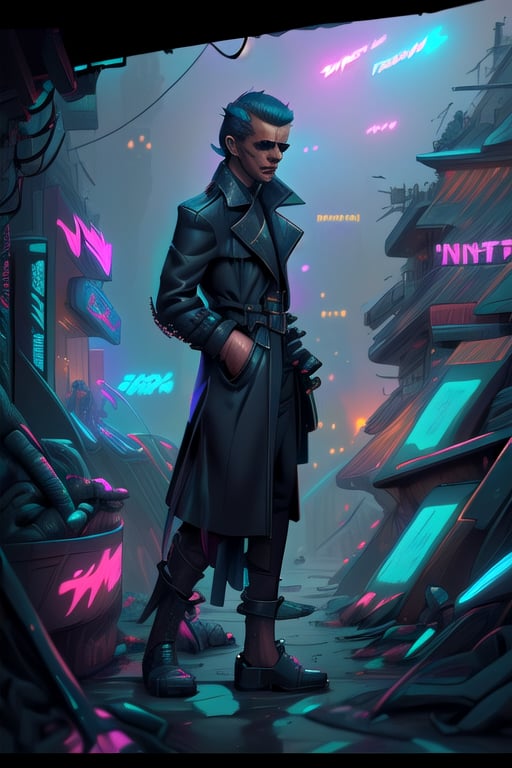 detective on a cyberpunk esque city, deckard from blade runner, trench coat