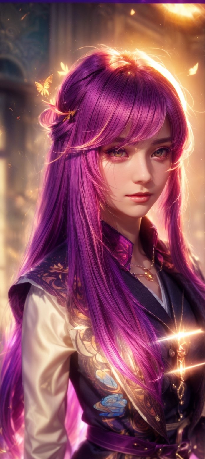 High quality, masterpiece, exquisite facial features, exquisite hair, exquisite eyes, gradient colored hair, 4K quality, gorgeous light and shadow, Tyndall effect, halo, messy hair, young state, gorgeous scenes,1 girl,Exorcist, school_uniform, purple_eyes, bangs, long_hair, multicolor_hair, pink_hair, light_purple_hair, light_purple_eyes, hair_ornament, butterfly, jewels