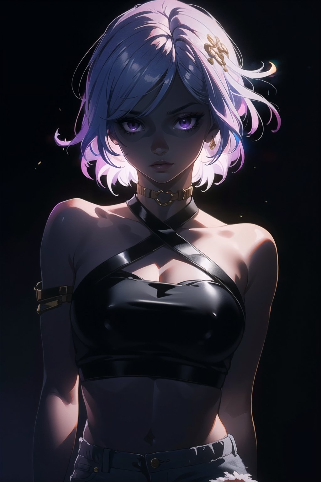 BEST QUALITY, HIGHRES, ABSURDRES, HIGH_RESOLUTION, MASTERPIECE, SUPER DETAIL, HYPER DETAIL, INTRICATE_DETAILS, LIGNE_CLAIRE, PERFECTEYES, DARK EYELASHES, EYELINER, SOFT GLOWING EYES,

mature_female, simple_background, dark_background, dark_theme, big_breasts, crop tube top, solo, no light, (purple eye_glowing:1.4), medium_hair, glowing_eyes, glow in the dark, purple_eyes,highres,Selenastun, white_hair, short pants, denim shorts, cutoffs, 