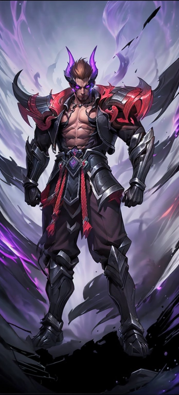 1boy, High detailed, (masterpiece, best quality, ultra-detailed, 8K), ((hell background)), vibrant colors, (short_hair, brown_hair, horns,)), ((glowing purple eyes,)), (jacket, open_clothes, muscular, muscular_male, abs), ((armor, pauldrons, gauntlets, waist_armor, greaves, ), ((hell background)), (((standing, full_body, front_view, facing forward,)) ,hell theme, dark,High detailed,(( looking_at_viewer,)) ,High detailed ,Color magic, 