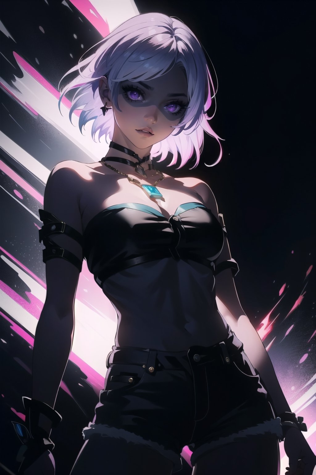 BEST QUALITY, HIGHRES, ABSURDRES, HIGH_RESOLUTION, MASTERPIECE, SUPER DETAIL, HYPER DETAIL, INTRICATE_DETAILS, LIGNE_CLAIRE, PERFECTEYES, DARK EYELASHES, EYELINER, SOFT GLOWING EYES,

mature_female, simple_background, dark_background, dark_theme, big_breasts, crop tube top, strapless, solo, no light, (purple eye_glowing:1.4), medium_hair, glowing_eyes, glow in the dark, purple_eyes,highres,Selenastun, white_hair, short pants, denim shorts, cutoffs, 