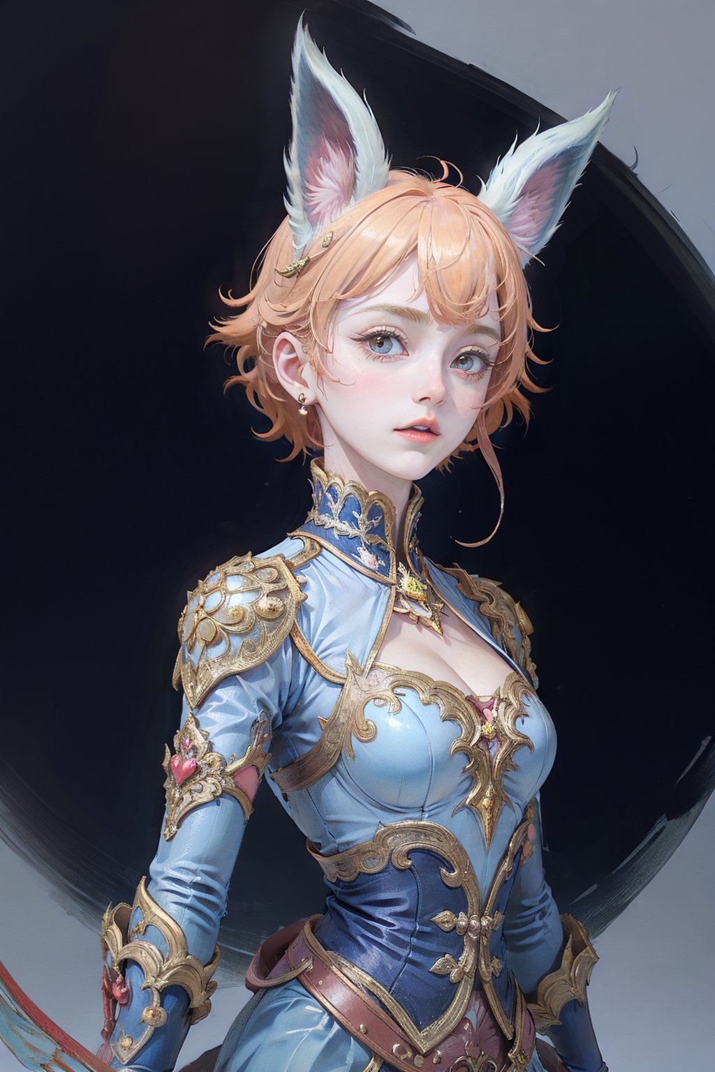 A whimsical scene unfolds as the Royal Protector, a majestic figure with royal blue attire, gazes upon the enchanting girl with short orange hair, animal ears, and bangs. The atmosphere is dreamlike, with soft focus and gentle lighting casting a warm glow on the upper body. In this fantastical realm, the protector's regal presence is juxtaposed with the girl's playful demeanor, as if guarding a secret or sharing a whimsical tale, ((, blank_background, white background, looking_at_viewer,))