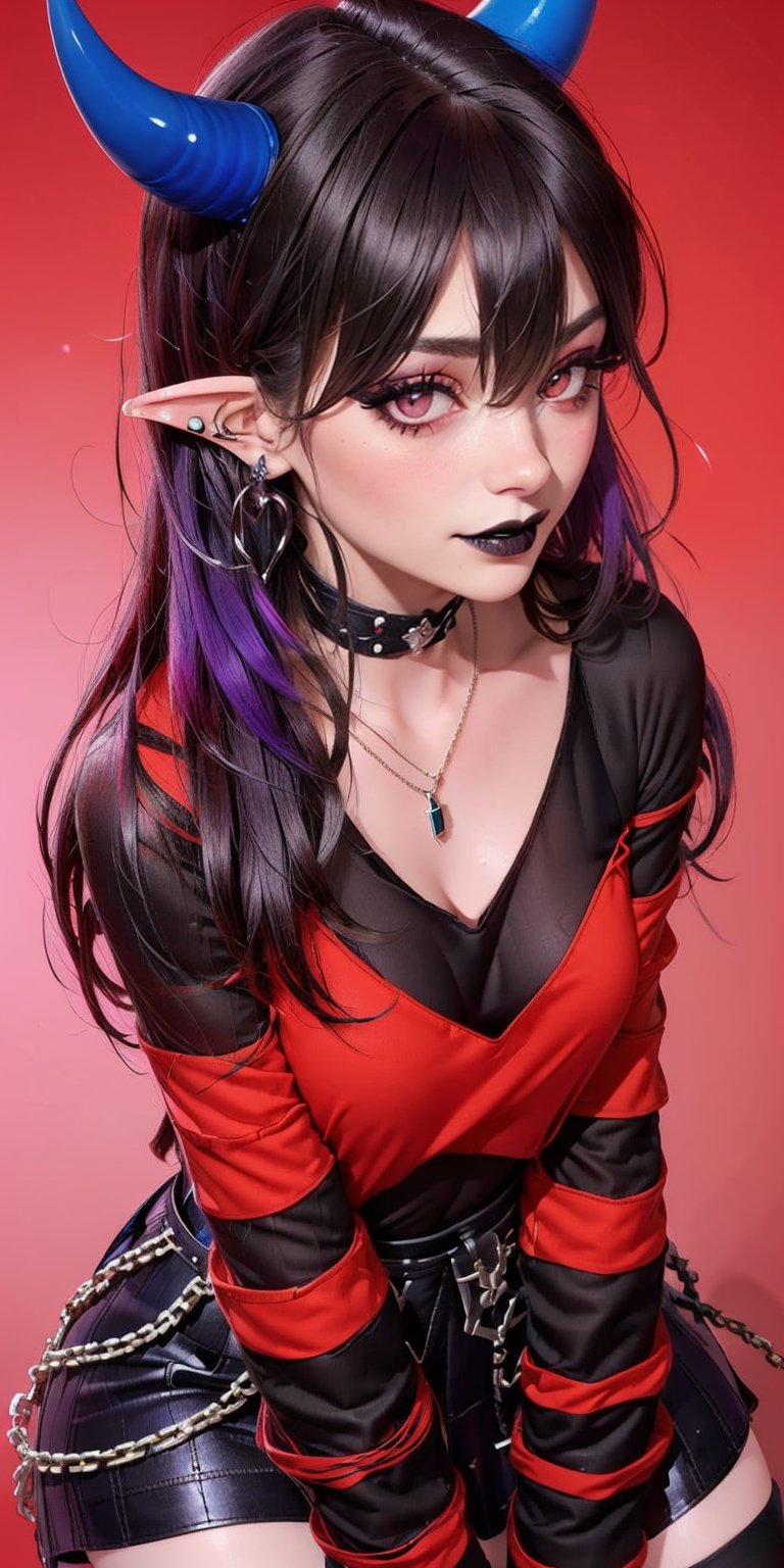 ((1girl)), ((red background)), vibrant colors, (long_hair, multicolored_hair, black_hair, dark_purple_hair,ahego, bangs, hair_between_eyes,), red_eyes,black_lips, large breasts, (black shirt, red_shirt, red_sweater, multicolored_clothes, striped, long_sleeves, sleeves_past_wrist, cleavage), ((red background)) , happy_face, smile, boots, black_footwear, ((, upper_body, head and shoulder portrait))  ,High detailed ,Color magic, black skirt, leather_skirt, belt, chains, accessories, off_shoulder, bare_shoulder, choker, spike_collar, spike, gothic, goth, demon girl, horns, pointy ears, ear_peircing, jewelry, necklace, makeup,eye_lashes, eye_shadow, (,thighhighs, fishnet_thighhighs, black thighhighs, thigh_strap, Saturated colors,Color saturation, small heart under the eyes