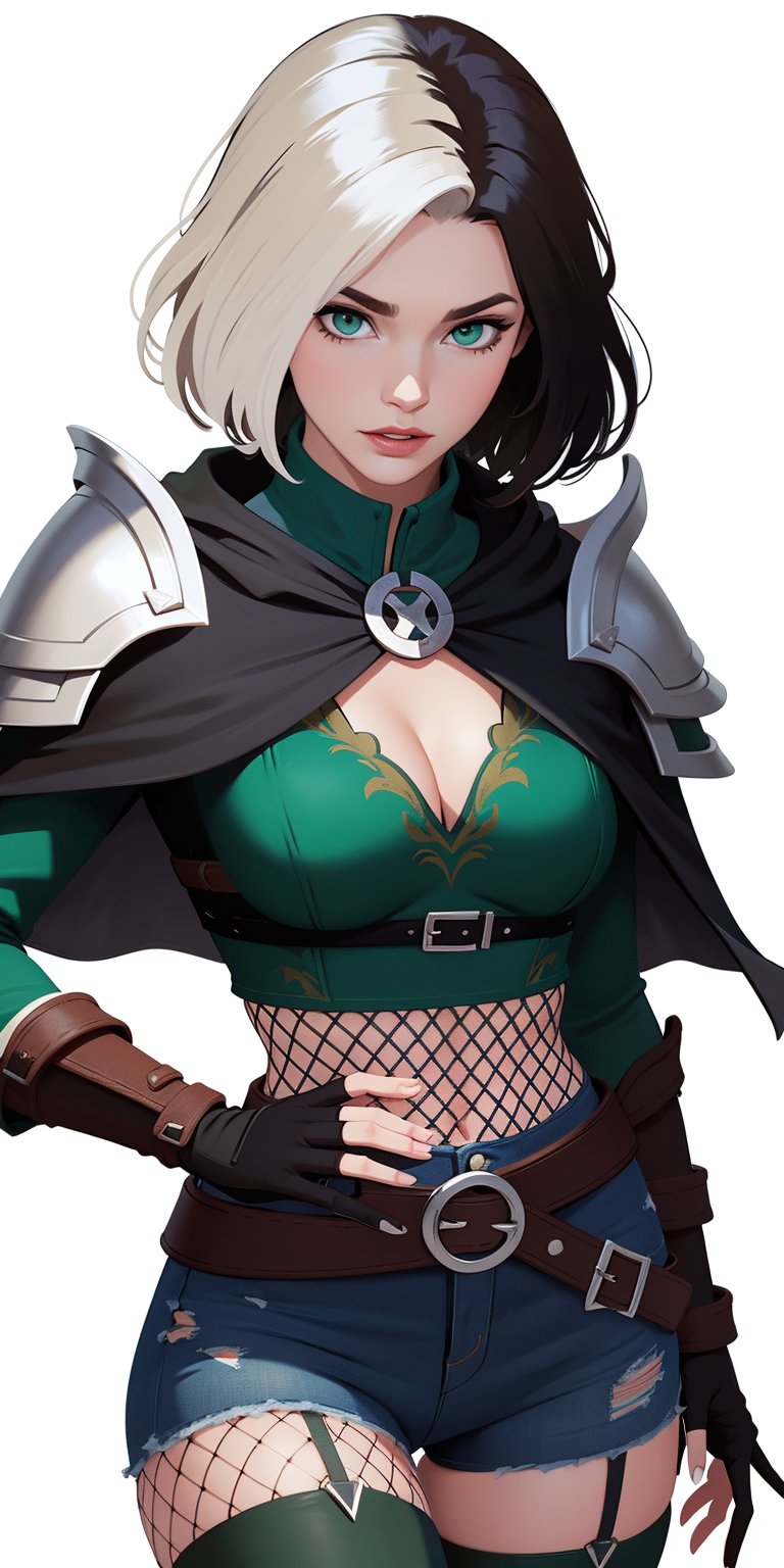 1girl, ((blank background)), vibrant colors, head and shoulders portrait, short_hair, pale, bangs, green_eyes, large breasts, bare_shoulder, multicolor_hair, black_hair, white_hair, ((green crop top, cleavage, long_sleeves, fishnet, black capelet with hood,) jeans denim, thigh_strap, garter_straps, thighhighs, belt, brown vambraces, fingerless_gloves, single pauldron, bare_armor, ((white background)),ShadowRanger