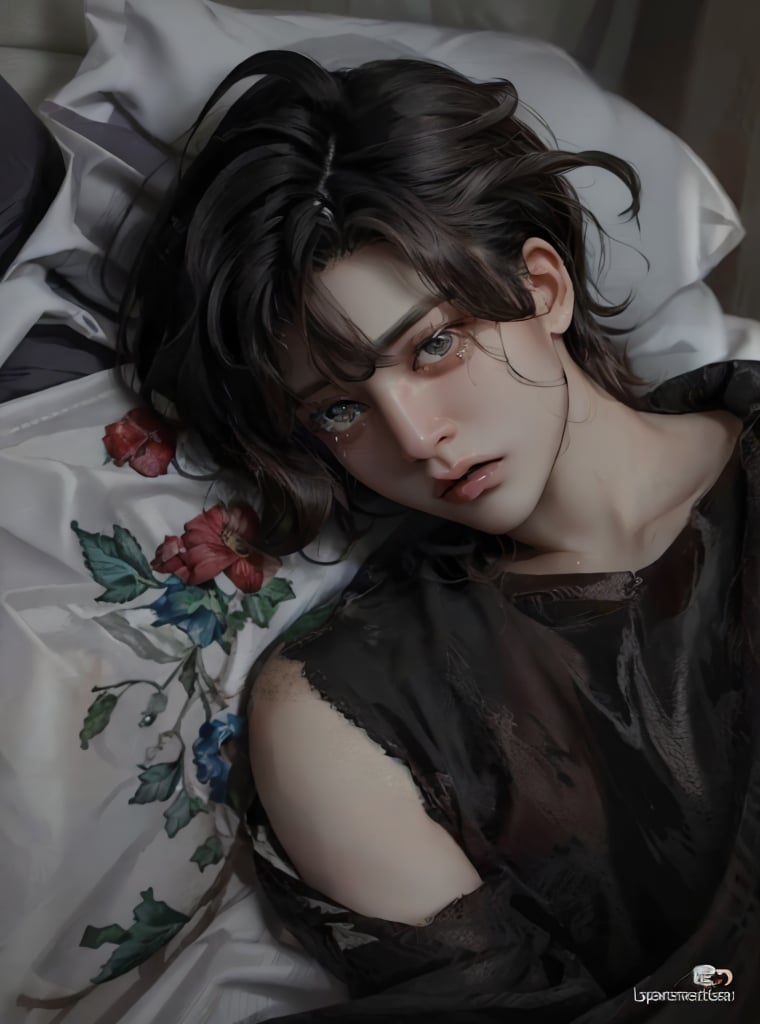 best quality,masterpiece,detailed,16k,beautiful detailed face,beautiful detailed eyes,short hair, curly hair, casual clothes, tears on his eyes, ,8k,male_solo,prefect body, prefect face, upper body shot, (short flowing hair),(laying on a bed:1.2),