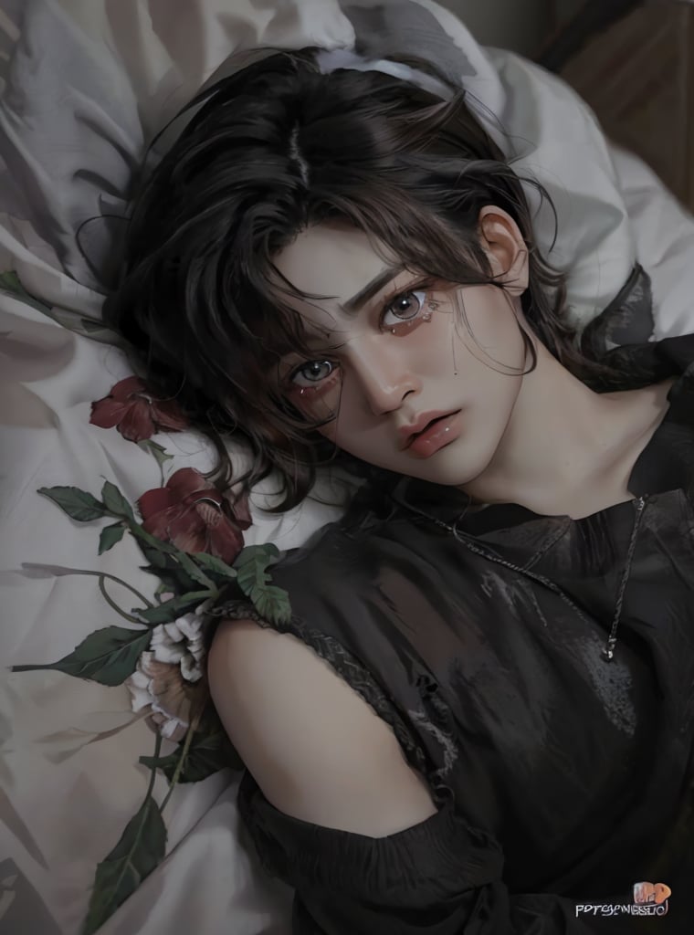 best quality,masterpiece,detailed,16k,beautiful detailed face,beautiful detailed eyes,short hair, curly hair, casual clothes, tears on his eyes, ,8k,male_solo,prefect body, prefect face, upper body shot, (short flowing hair),(laying on a bed:1.2),, , 