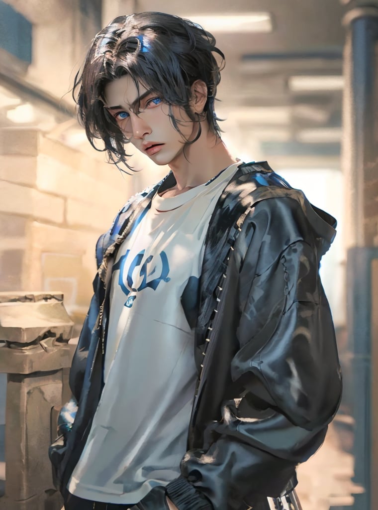 best quality,masterpiece,detailed,16k,beautiful detailed face, serious face, beautiful detailed eyes, blue eyes, black hair, short hair, 8k,male_solo,prefect body, prefect face, upper body shot, black clothes, full black jacket, casual clothes, modern clothes