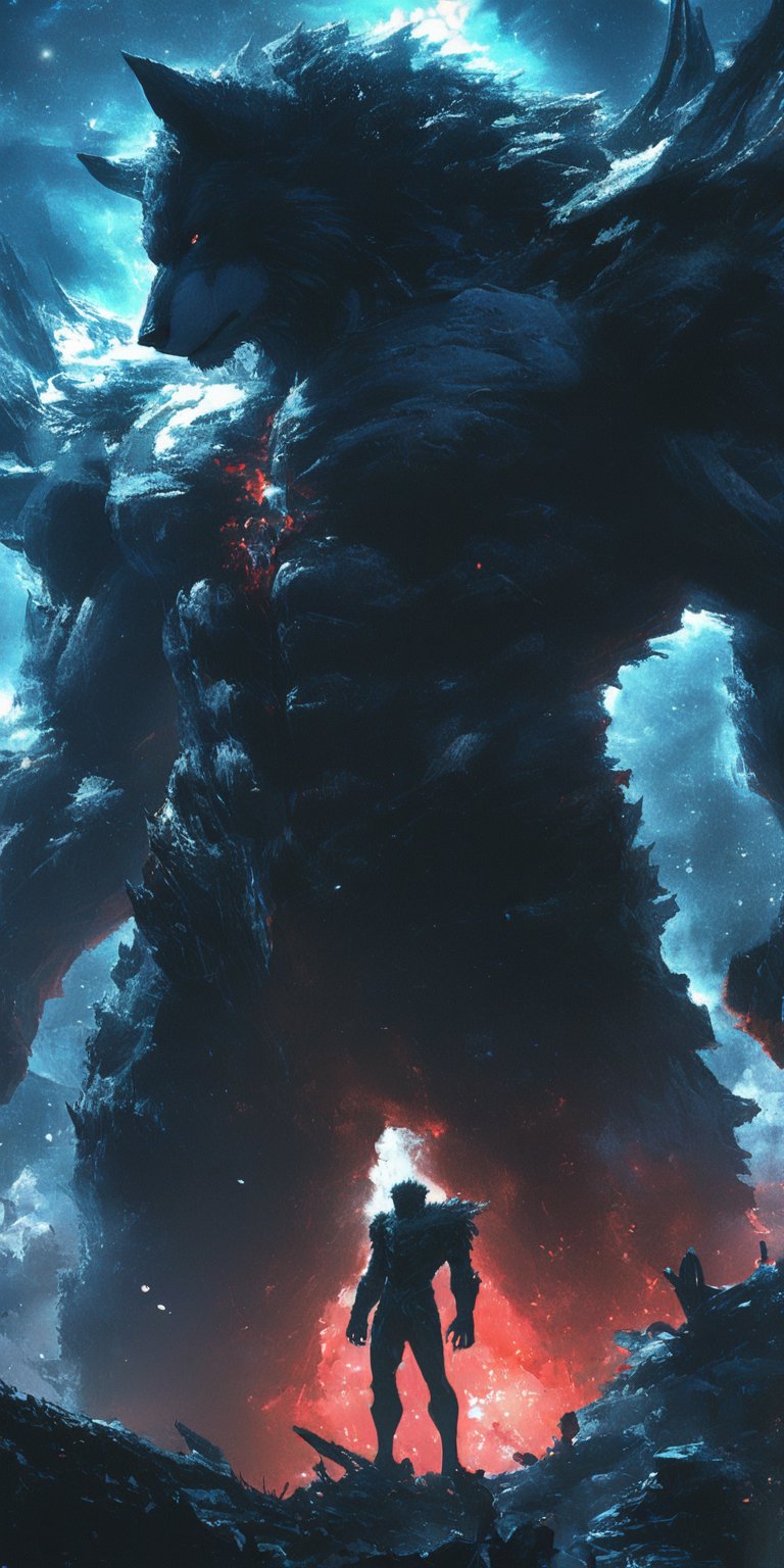 A cosmic behemoth, the once-majestic megamonster now lies in ruin, its crystalline spires piercing the darkness like shards of a shattered dream. Red eyes, muscular body, breathing dark air, wearing red glowing Armor, Amidst the wreckage, a gateway to the multiverse yawns open, bathing the desolate landscape in an ethereal glow. In the foreground, a lone monster wolf standing against the guy, silhouetted against the starry expanse.