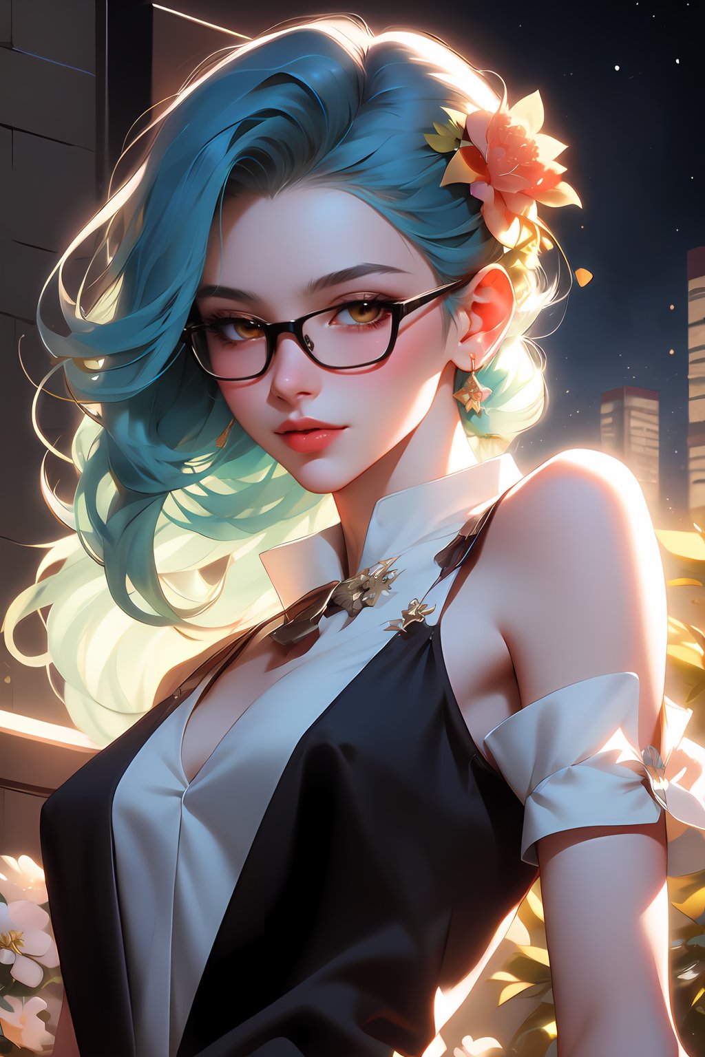 drawing of a woman with blue green color hair, parted shoulder length hair ,wearing glasses with flowers in her hair,korean art nouveau anime, beautiful anime artwork, artgerm and james jean, anime art nouveau, beautiful anime art, the flower prince, a beautiful artwork illustration, detailed anime character art, digital art on pixiv, anime fantasy illustration, detailed digital anime art, beautiful fantasy anime, clean detailed anime art, 2 d anime style, decora inspired illustrations, inspired by Yumihiko Amano, anime girl with teal hair, anime style portrait, beautiful anime art style, portrait of jinx from arcane, manga art style, anime style illustration, anime art style, extremely fine ink lineart, black and white manga style, black and white line art, ink manga drawing, intense line art, pencil and ink manga drawing, intense black line art, in style of manga, exquisite line art, perfect lineart,exquisite line art, exquisite digital illustration, detailed digital drawing, black and white coloring, digital anime illustration, a beautiful artwork illustration, detailed matte fantasy portrait, beautiful,(Daylight,autumn, Best quality, 8k, Masterpiece :1.3)), Whole body, Long legs, Sharp focus :1.2, A pretty woman with perfect figure wearing smart haute couture dress :1.4, Slender abs :1.1, ((Dark brown hair, small breasts :1.2)), (White tight tshirt, Jean bib, Standing:1.2), ((Night city view, Rooftop:1.3)), Highly detailed face and skin texture, Detailed eyes, Double eyelid,( watercolor \(medium\), IrisCompiet:1.2),abstract background, fantasy, many colors, wind blowing,masterpiece, best quality, (extremely detailed CG unity 8k wallpaper), (best quality), (best illustration), (best shadow), absurdres, realistic lighting, (Abyss), beautiful detailed glow,clear face, clean white background, masterpiece, super detail, epic composition, ultra HD, high quality, extremely detailed, official art, uniform 8k wallpaper, super detail, efficient sub-pixels, subpixel convolution, luminous particles, light scattering, tyndall effect, 32k -- v 6,watercolor,