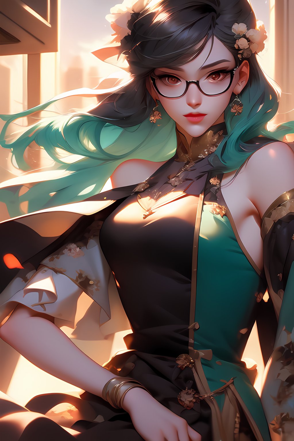 drawing of a woman with blue green color hair, parted shoulder length hair ,wearing glasses with flowers in her hair,korean art nouveau anime, beautiful anime artwork, artgerm and james jean, anime art nouveau, beautiful anime art, the flower prince, a beautiful artwork illustration, detailed anime character art, digital art on pixiv, anime fantasy illustration, detailed digital anime art, beautiful fantasy anime, clean detailed anime art, 2 d anime style, decora inspired illustrations, inspired by Yumihiko Amano, anime girl with teal hair, anime style portrait, beautiful anime art style, portrait of jinx from arcane, manga art style, anime style illustration, anime art style, extremely fine ink lineart, black and white manga style, black and white line art, ink manga drawing, intense line art, pencil and ink manga drawing, intense black line art, in style of manga, exquisite line art, perfect lineart,exquisite line art, exquisite digital illustration, detailed digital drawing, black and white coloring, digital anime illustration, a beautiful artwork illustration, detailed matte fantasy portrait, beautiful,(Daylight,autumn, Best quality, 8k, Masterpiece :1.3)), Whole body, Long legs, Sharp focus :1.2, A pretty woman with perfect figure wearing smart haute couture dress :1.4, Slender abs :1.1, ((Dark brown hair, small breasts :1.2)), (White tight tshirt, Jean bib, Standing:1.2), ((Night city view, Rooftop:1.3)), Highly detailed face and skin texture, Detailed eyes, Double eyelid,( watercolor \(medium\), IrisCompiet:1.2),abstract background, fantasy, many colors, wind blowing,masterpiece, best quality, (extremely detailed CG unity 8k wallpaper), (best quality), (best illustration), (best shadow), absurdres, realistic lighting, (Abyss), beautiful detailed glow,clear face, clean white background, masterpiece, super detail, epic composition, ultra HD, high quality, extremely detailed, official art, uniform 8k wallpaper, super detail, efficient sub-pixels, subpixel convolution, luminous particles, light scattering, tyndall effect, 32k -- v 6,watercolor