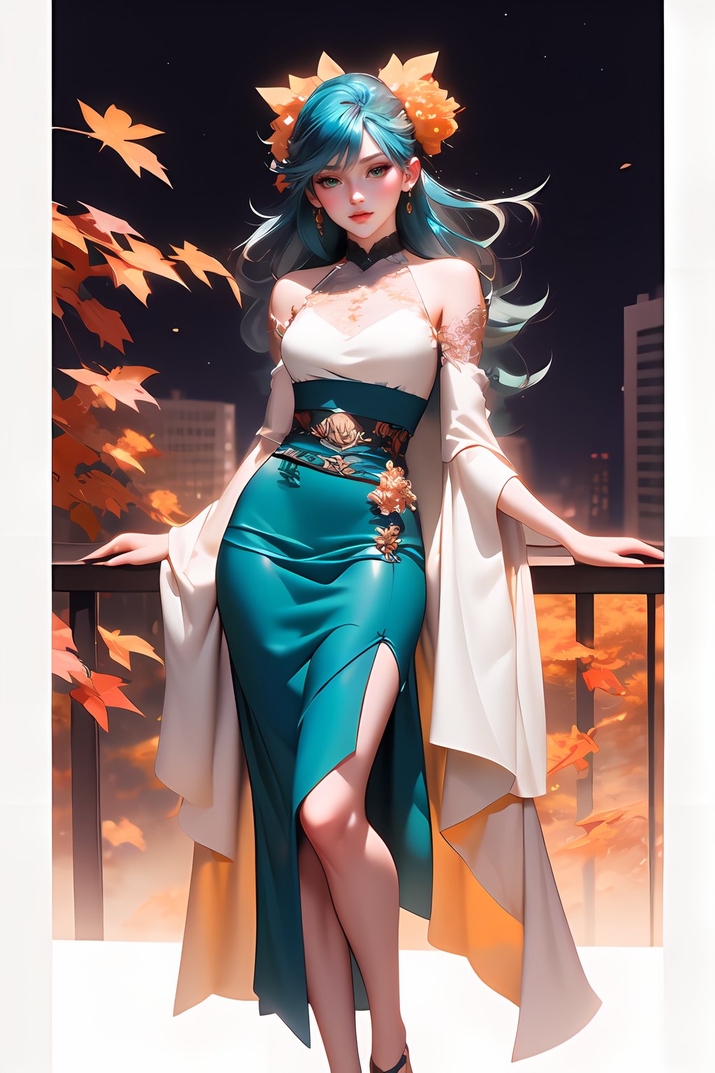 fullbody drawing of a woman with blue green color hair, parted shoulder length hair ,wearing glasses with flowers in her hair,korean art nouveau anime, beautiful anime artwork, artgerm and james jean, anime art nouveau, beautiful anime art, the flower prince, a beautiful artwork illustration, detailed anime character art, digital art on pixiv, anime fantasy illustration, detailed digital anime art, beautiful fantasy anime, clean detailed anime art, 2 d anime style, decora inspired illustrations, inspired by Yumihiko Amano, anime girl with teal hair, anime style portrait, beautiful anime art style, portrait of jinx from arcane, manga art style, anime style illustration, anime art style, extremely fine ink lineart, black and white manga style, black and white line art, ink manga drawing, intense line art, pencil and ink manga drawing, intense black line art, in style of manga, exquisite line art, perfect lineart,exquisite line art, exquisite digital illustration, detailed digital drawing, black and white coloring, digital anime illustration, a beautiful artwork illustration, detailed matte fantasy portrait, beautiful,(Daylight,autumn, Best quality, 8k, Masterpiece :1.3)), Whole body, Long legs, Sharp focus :1.2, A pretty woman with perfect figure wearing smart haute couture dress :1.4, Slender abs :1.1, ((Dark brown hair, small breasts :1.2)), (White tight tshirt, Jean bib, Standing:1.2), ((Night city view, Rooftop:1.3)), Highly detailed face and skin texture, Detailed eyes, Double eyelid,( watercolor \(medium\), IrisCompiet:1.2),abstract background, fantasy, many colors, wind blowing,masterpiece, best quality, (extremely detailed CG unity 8k wallpaper), (best quality), (best illustration), (best shadow), absurdres, realistic lighting, (Abyss), beautiful detailed glow,clear face, clean white background, masterpiece, super detail, epic composition, ultra HD, high quality, extremely detailed, official art, uniform 8k wallpaper, super detail, efficient sub-pixels, subpixel convolution, luminous particles, light scattering, tyndall effect, 32k -- v 6,watercolor,