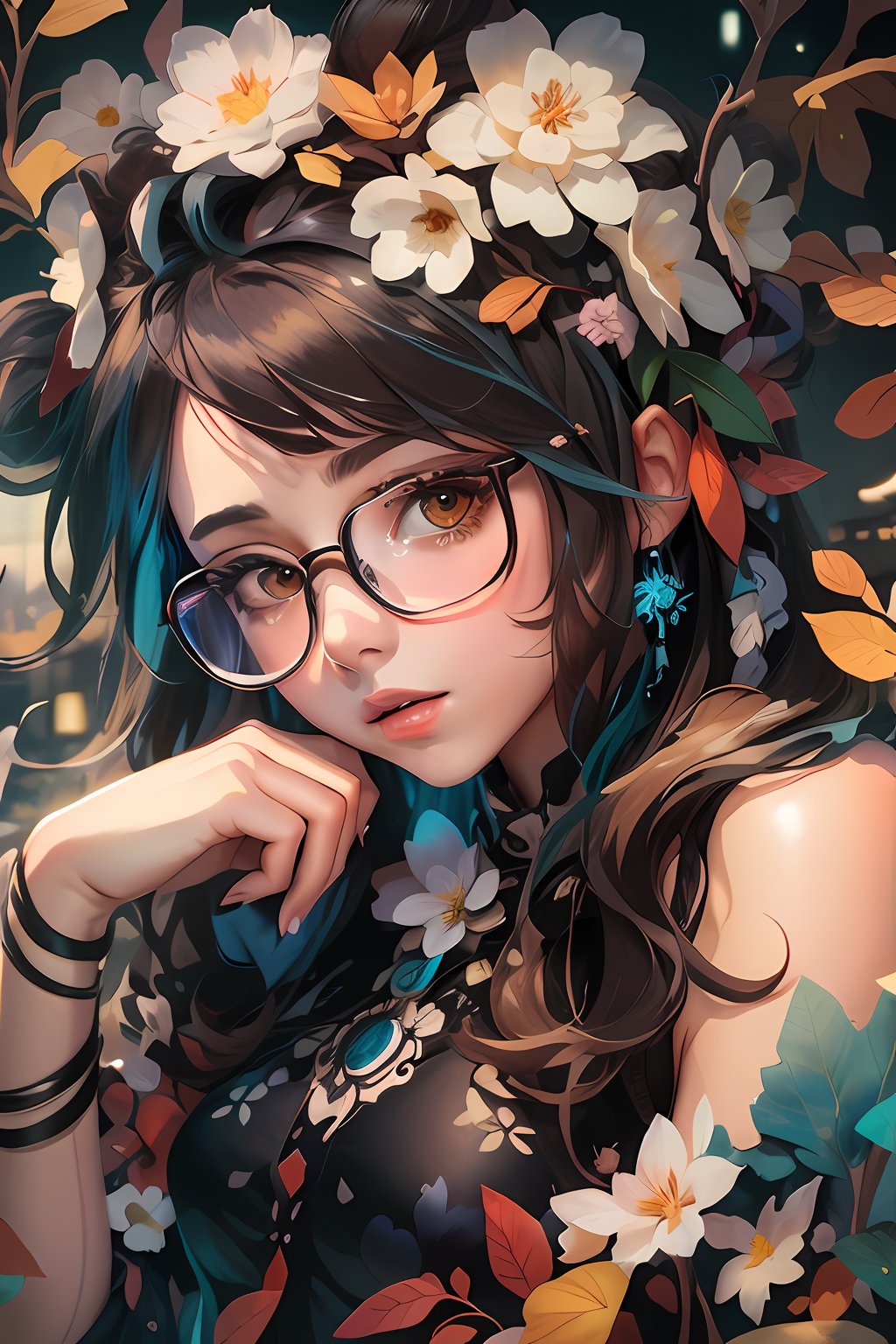 drawing of a woman with blue parted shoulder length hair and glasses with flowers in her hair,korean art nouveau anime, beautiful anime artwork, artgerm and james jean, anime art nouveau, beautiful anime art, the flower prince, a beautiful artwork illustration, detailed anime character art, digital art on pixiv, anime fantasy illustration, detailed digital anime art, beautiful fantasy anime, clean detailed anime art, 2 d anime style, decora inspired illustrations, inspired by Yumihiko Amano, anime girl with teal hair, anime style portrait, beautiful anime art style, portrait of jinx from arcane, manga art style, anime style illustration, anime art style, extremely fine ink lineart, black and white manga style, black and white line art, ink manga drawing, intense line art, pencil and ink manga drawing, intense black line art, in style of manga, exquisite line art, perfect lineart,exquisite line art, exquisite digital illustration, detailed digital drawing, black and white coloring, digital anime illustration, a beautiful artwork illustration, detailed matte fantasy portrait, beautiful,(Daylight,autumn, Best quality, 8k, Masterpiece :1.3)), Whole body, Long legs, Sharp focus :1.2, A pretty woman with perfect figure wearing smart haute couture dress :1.4, Slender abs :1.1, ((Dark brown hair, small breasts :1.2)), (White tight tshirt, Jean bib, Standing:1.2), ((Night city view, Rooftop:1.3)), Highly detailed face and skin texture, Detailed eyes, Double eyelid,( watercolor \(medium\), IrisCompiet:1.2),abstract background, fantasy, many colors, wind blowing,masterpiece, best quality, (extremely detailed CG unity 8k wallpaper), (best quality), (best illustration), (best shadow), absurdres, realistic lighting, (Abyss), beautiful detailed glow,clear face, clean white background, masterpiece, super detail, epic composition, ultra HD, high quality, extremely detailed, official art, uniform 8k wallpaper, super detail, efficient sub-pixels, subpixel convolution, luminous particles, light scattering, tyndall effect, 32k -- v 6