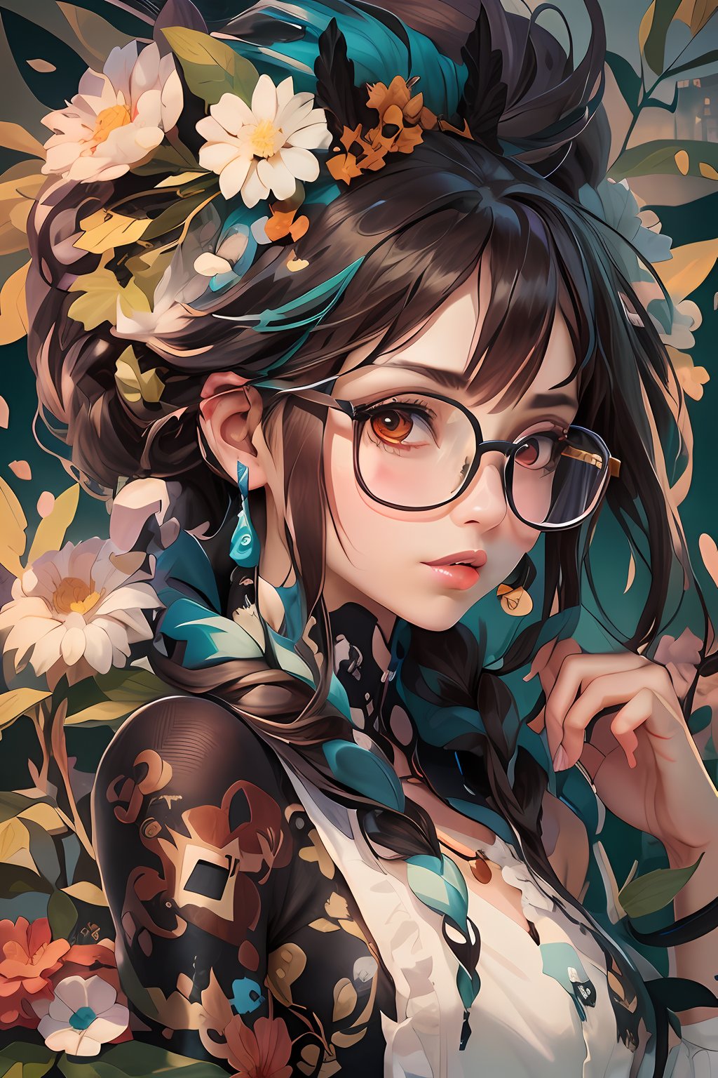 drawing of a woman with blue parted shoulder length hair and glasses with flowers in her hair,korean art nouveau anime, beautiful anime artwork, artgerm and james jean, anime art nouveau, beautiful anime art, the flower prince, a beautiful artwork illustration, detailed anime character art, digital art on pixiv, anime fantasy illustration, detailed digital anime art, beautiful fantasy anime, clean detailed anime art, 2 d anime style, decora inspired illustrations, inspired by Yumihiko Amano, anime girl with teal hair, anime style portrait, beautiful anime art style, portrait of jinx from arcane, manga art style, anime style illustration, anime art style, extremely fine ink lineart, black and white manga style, black and white line art, ink manga drawing, intense line art, pencil and ink manga drawing, intense black line art, in style of manga, exquisite line art, perfect lineart,exquisite line art, exquisite digital illustration, detailed digital drawing, black and white coloring, digital anime illustration, a beautiful artwork illustration, detailed matte fantasy portrait, beautiful,(Daylight,autumn, Best quality, 8k, Masterpiece :1.3)), Whole body, Long legs, Sharp focus :1.2, A pretty woman with perfect figure wearing smart haute couture dress :1.4, Slender abs :1.1, ((Dark brown hair, small breasts :1.2)), (White tight tshirt, Jean bib, Standing:1.2), ((Night city view, Rooftop:1.3)), Highly detailed face and skin texture, Detailed eyes, Double eyelid,( watercolor \(medium\), IrisCompiet:1.2),abstract background, fantasy, many colors, wind blowing,masterpiece, best quality, (extremely detailed CG unity 8k wallpaper), (best quality), (best illustration), (best shadow), absurdres, realistic lighting, (Abyss), beautiful detailed glow,clear face, clean white background, masterpiece, super detail, epic composition, ultra HD, high quality, extremely detailed, official art, uniform 8k wallpaper, super detail, efficient sub-pixels, subpixel convolution, luminous particles, light scattering, tyndall effect, 32k -- v 6