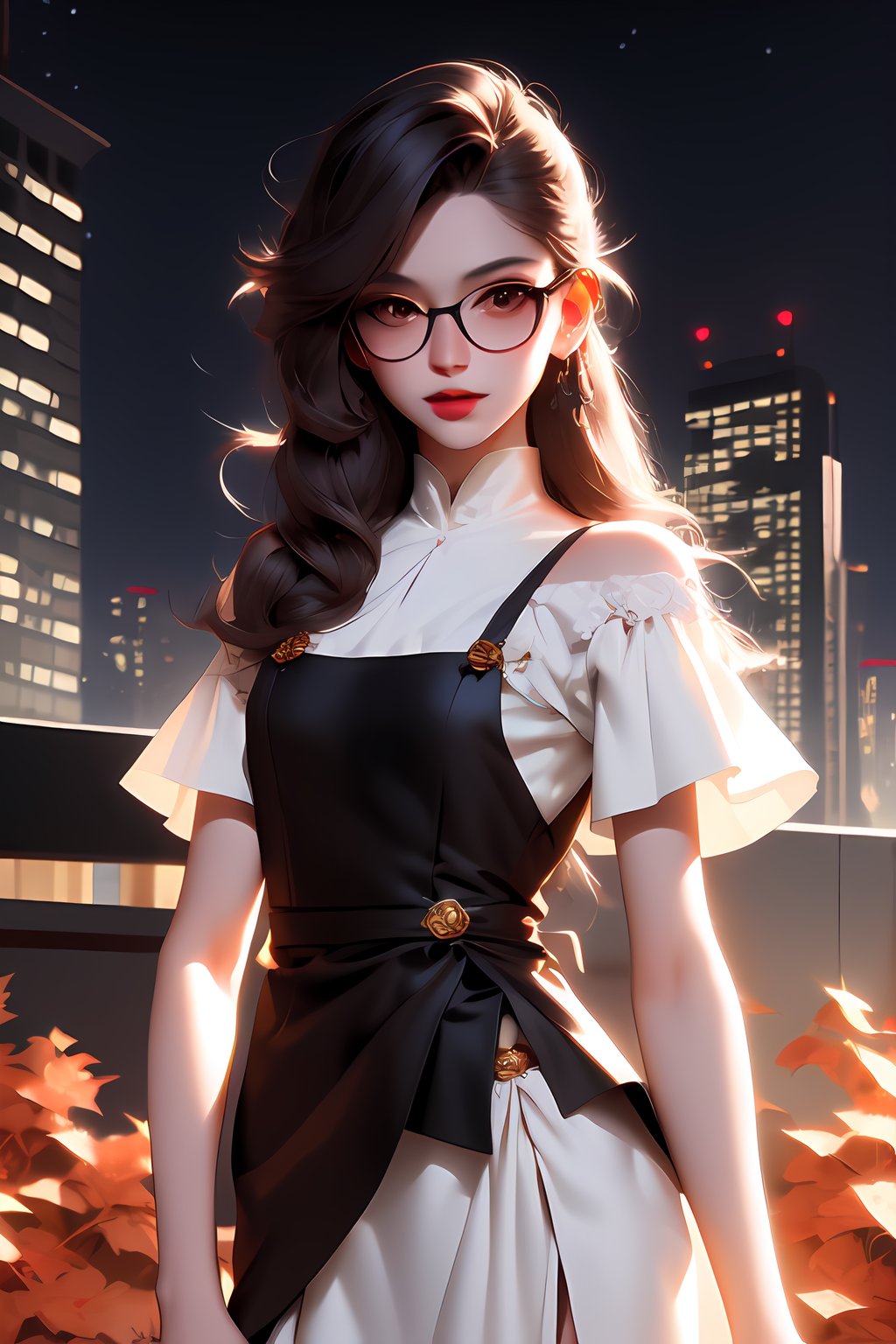 drawing of a woman with blue parted shoulder length hair and glasses with flowers in her hair,korean art nouveau anime, beautiful anime artwork, artgerm and james jean, anime art nouveau, beautiful anime art, the flower prince, a beautiful artwork illustration, detailed anime character art, digital art on pixiv, anime fantasy illustration, detailed digital anime art, beautiful fantasy anime, clean detailed anime art, 2 d anime style, decora inspired illustrations, inspired by Yumihiko Amano, anime girl with teal hair, anime style portrait, beautiful anime art style, portrait of jinx from arcane, manga art style, anime style illustration, anime art style, extremely fine ink lineart, black and white manga style, black and white line art, ink manga drawing, intense line art, pencil and ink manga drawing, intense black line art, in style of manga, exquisite line art, perfect lineart,exquisite line art, exquisite digital illustration, detailed digital drawing, black and white coloring, digital anime illustration, a beautiful artwork illustration, detailed matte fantasy portrait, beautiful,(Daylight,autumn, Best quality, 8k, Masterpiece :1.3)), Whole body, Long legs, Sharp focus :1.2, A pretty woman with perfect figure wearing smart haute couture dress :1.4, Slender abs :1.1, ((Dark brown hair, small breasts :1.2)), (White tight tshirt, Jean bib, Standing:1.2), ((Night city view, Rooftop:1.3)), Highly detailed face and skin texture, Detailed eyes, Double eyelid,( watercolor \(medium\), IrisCompiet:1.2),abstract background, fantasy, many colors, wind blowing,masterpiece, best quality, (extremely detailed CG unity 8k wallpaper), (best quality), (best illustration), (best shadow), absurdres, realistic lighting, (Abyss), beautiful detailed glow,clear face, clean white background, masterpiece, super detail, epic composition, ultra HD, high quality, extremely detailed, official art, uniform 8k wallpaper, super detail, efficient sub-pixels, subpixel convolution, luminous particles, light scattering, tyndall effect, 32k -- v 6,watercolor