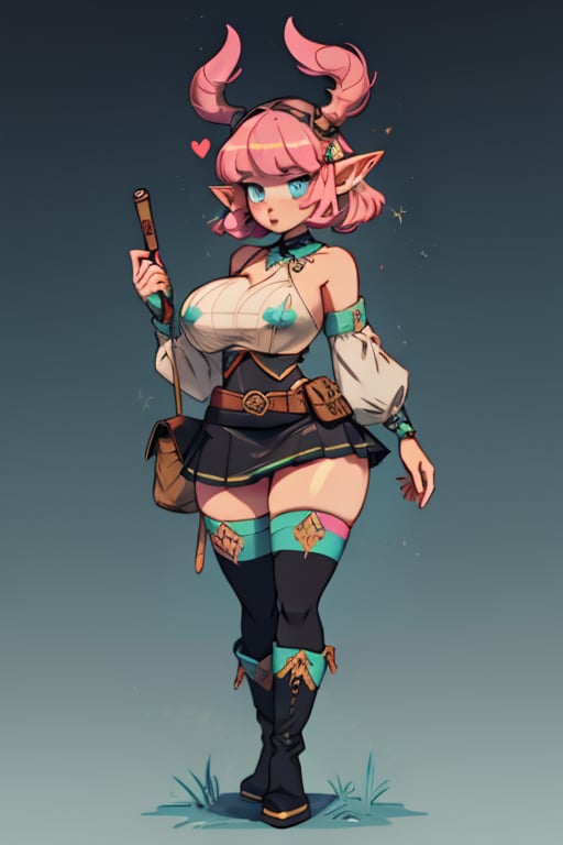 A young fantasy adventurer elf girl with blue eyes, short pink hair, bangs, long pointed ears, She wears a practical yet stylish outfit, featuring a mini skirt, visible underwear, a utility belt, and thigh-high boots, revealing clothing, center opening, open_shoulders, standing up, huge_boobs, thicc_thighs, curvy, thick, wide hips