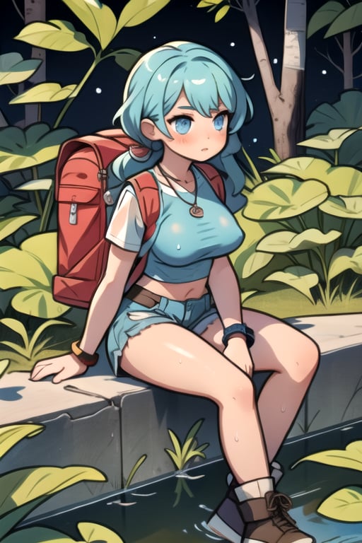 A nature-loving girl with blue eyes, long flowing blue hair. She wears a practical yet stylish outfit, featuring cargo short, a utility vest, and hiking boots. Her accessories include a compass necklace and a backpack filled with nature exploration gear. open_shoulders, open_legs, sitting_down, big_boobs, thicc_thighs, het shirt is wet revealing her nipples, pink_nipples, large_areola