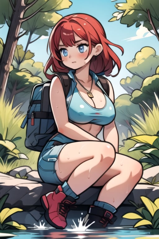 A nature-loving girl with blue eyes, long flowing red hair. She wears a practical yet stylish outfit, featuring cargo short, a utility vest, and hiking boots. Her accessories include a compass necklace and a backpack filled with nature exploration gear. open_shoulders, open_legs, sitting_down, big_boobs, thicc_thighs, het shirt is wet revealing her nipples, pink_nipples, large_areola