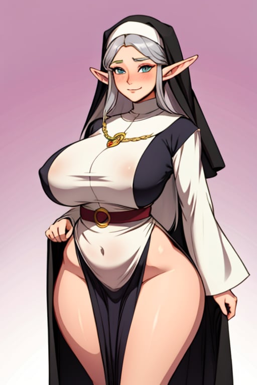 A fantasy elf priestess, long flowing silver hair, blushing, faint smile, long pointed ears, (revealing_clothes), nun, priestess, center opening, long hair, curvy, thick, wide hips, huge breasts, abstract background, looking at viewer, 
crotch
