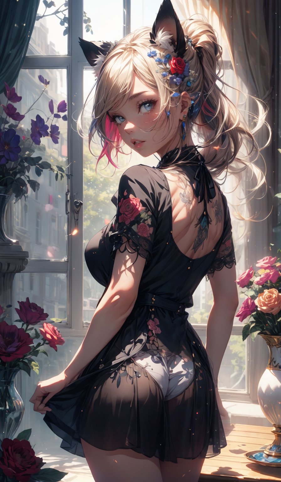 1girl, solo, long hair, breasts, looking at viewer, blush, bangs, skirt, blonde hair, dress, animal ears, jewelry, medium breasts, underwear, standing, ponytail, ass, flower, short sleeves, thighs, cowboy shot, earrings, parted lips, indoors, cat ears, necklace, from behind, black dress, lips, grey eyes, window, tattoo, fake animal ears, rose, back, red flower, couch, arm tattoo, vase, back tattoo, flower tattoo
 ((unique light effects:1.3)), sparkling light effects, (heavy shadows:1.2), vibrant, (very colorful:1.3),High detailed ,Color magic