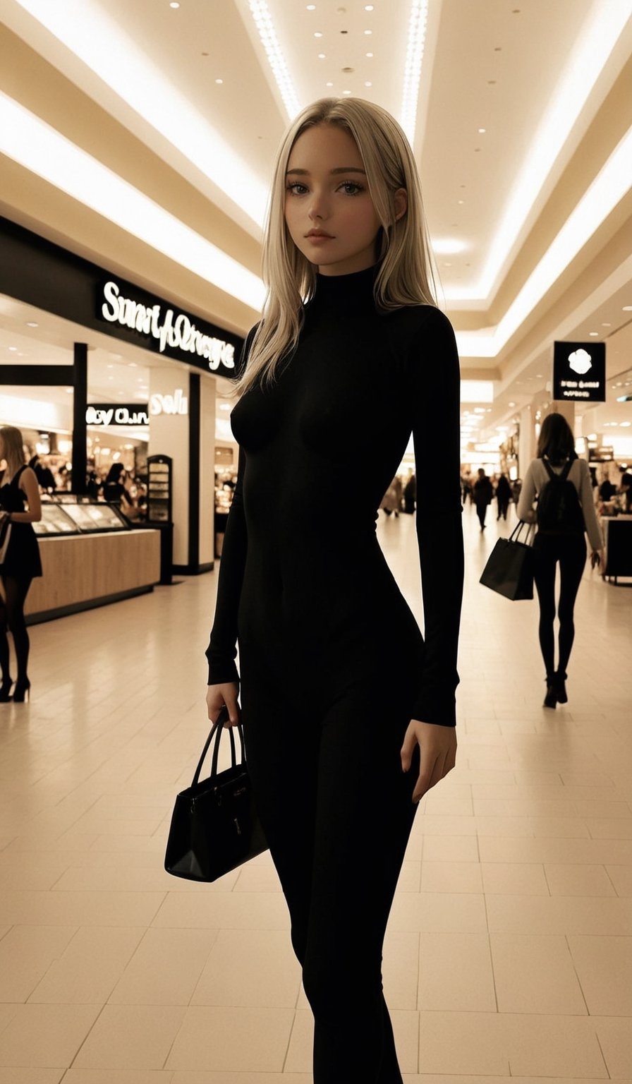 15 years old girl, long hair, blond hair, black hair highlights, , dark theme, soothing tones, muted colors, high contrast, (natural skin texture, hyperrealism, soft light, sharp),Enhanced Reality,Movie Still, small breast,real,reallife, inst4 style, ,p3rfect boobs,inst4 style, shopping clothes mall,
Black fullbody suit
High heels
,3D