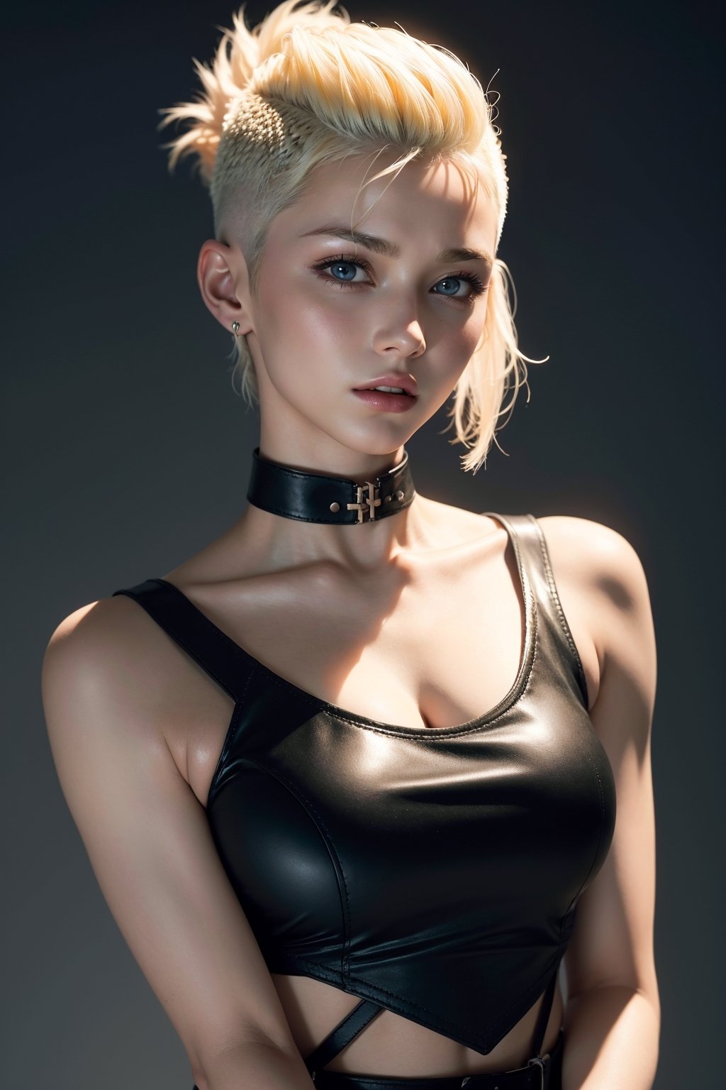 a 20 yo woman, blonde, (hi-top fade:1.3), dark theme, soothing tones, muted colors, high contrast, (natural skin texture, hyperrealism, soft light, sharp),hands on own chest 