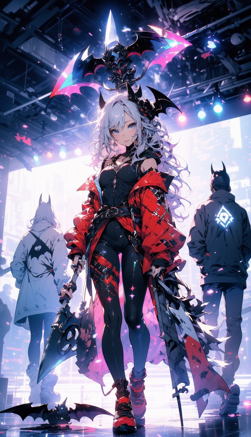 ((Masterpiece, best quality, ultra-detailed, best shadow, Unreal Engine 5)), (detailed background), (pretty face), one female vampire, blue eyes, long white hair with bangs, hair past waist, perfect figure, ((red-colored apparel, often in the form of long, two-tailed coats)), black spandex pants, ((carrying a massive scythe on her shoulders, centered around the girl and the scythe)), ((bats flying backdround)), full body ,Beldel