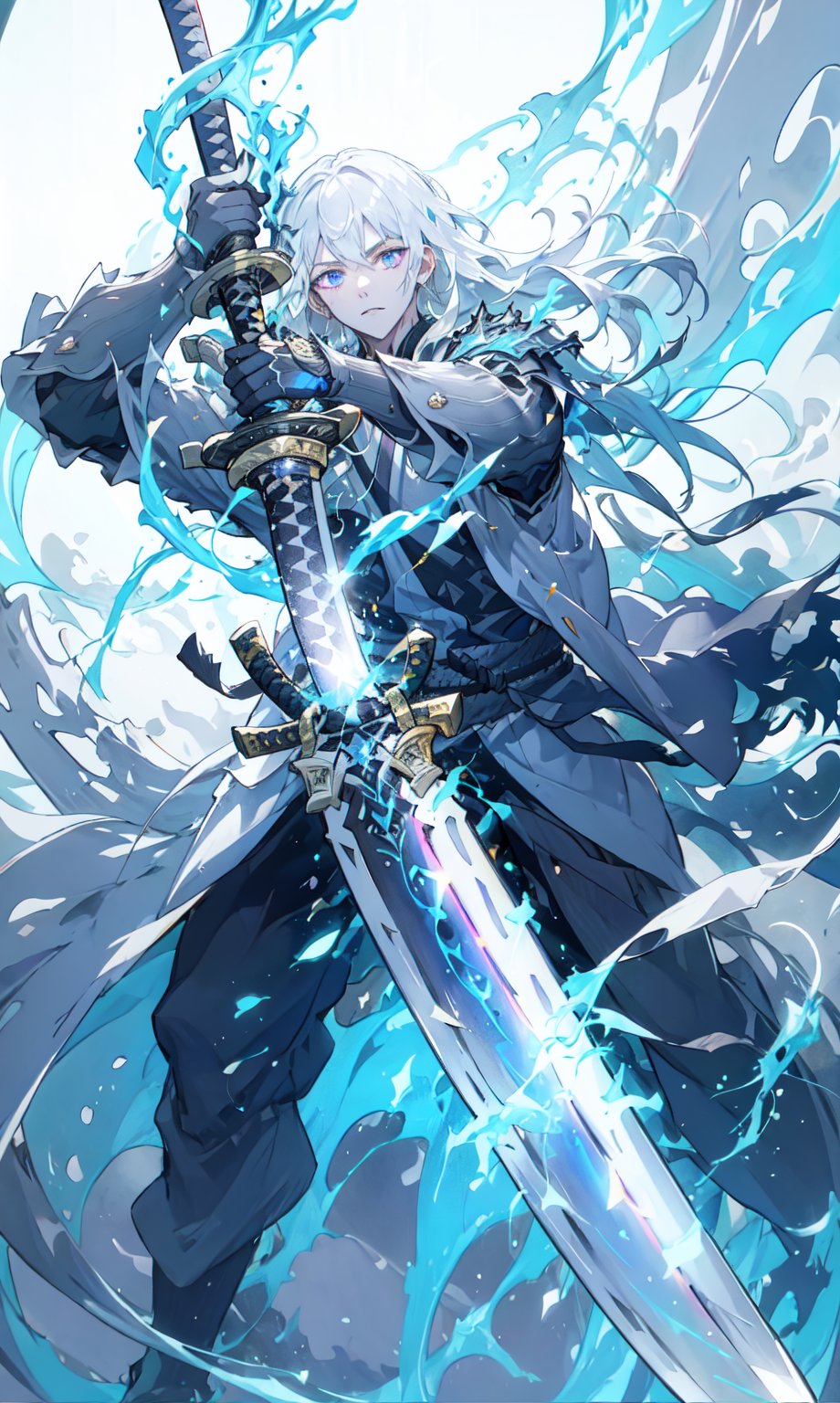 1male, 16k, hd, detailed, futuristic, masterpiece,katana,samurai, detailed face, complex_background,no_humans, detailed face, beautiful detailed eyes), High contrast, (best illumination, an extremely delicate and beautiful),dynamic pose, warzone,((holding flaming sword with two hands, katana)), blue flames, glow, glowing weapon, light particles, long white hair, BLUE  FIRE, shining blade, long blade,scenery,RED FIRE GREEN FIRE BLUE FIRE PURPLE FIRe