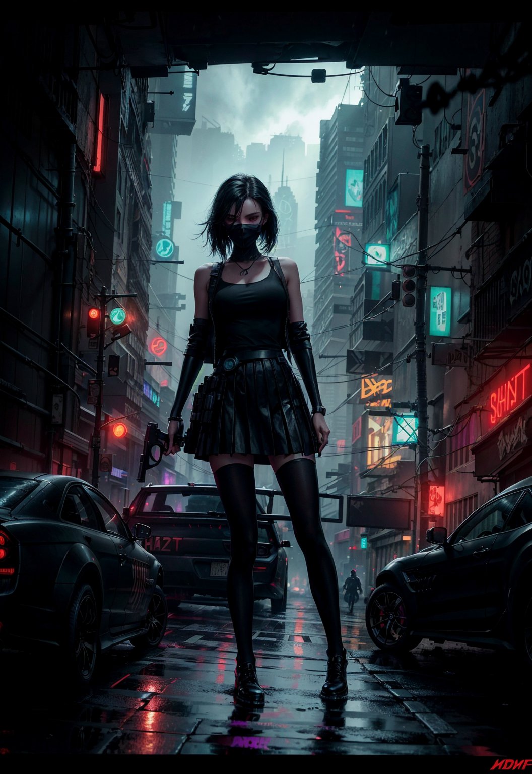 a woman in a dark street wearing a skirt holding a gun in her left hand. She is standing a dark cyberpunk street. Masked face. Mid length wet hair. surounded by two cars. Cyberpunk skycrapercity in the background, glowing led signs, mist, fog, astmospheric glowing light in the background. wet reflecting ground,3DMM