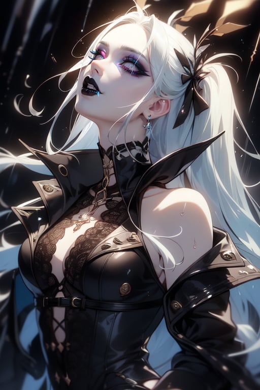 (masterpiece, top quality, best, official art, beautiful and aesthetic:1.2), looking up, villain, evil, office suit, sharp nails, smoky eyes, bite finger, female, long silver hair, content, nightmare, horror, scoundrel, black tie, chains, justiciar, vile, black lips, black lipstick, glowing eyes, rain, ash, tar, needles, in hair, prismatic makeup, thick collar, psychotic