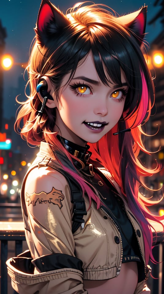 (masterpiece, top quality, best, official art, beautiful and aesthetic:1.2), looking up, (beautiful detailed face), (beautiful detailed eyes:1.2), (Glowing golden eyes:1.2), | multicolored hair hair, solo, neon hair, black eye shadow, (collar, gloves), | symetrical and detailed clothes, | harbour, smoky, neon lights, night, stage,| bokeh, depht of field, | hyperealistic shadows, smooth detailed, Niji Kei, neon, seaside, black lips, black lipstick,  spread fingers, touch face, hands across face, hands holding face, hands cupping face, laughter ,Niji Kei. facing viewer, gold crop top,,  Cybernetics, Madness, Cat earphones,  fangs, Cat ears, backless dress, tatoo, golden clothes, golden, jacket,