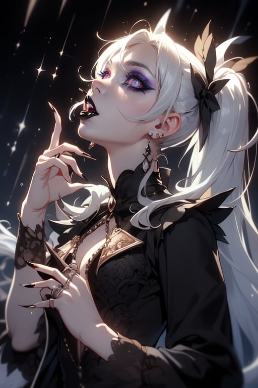 (masterpiece, top quality, best, official art, beautiful and aesthetic:1.2), looking up, villain, evil, office suit, sharp nails, smoky eyes, bite finger, female, long silver hair, pigtails, content, nightmare, horror, scoundrel, black tie, chains, justiciar, vile, black lips, black lipstick, glowing eyes, rain, ash, tar, needles, in hair, prismatic makeup, thick collar, psychotic, hands flairing, scream,