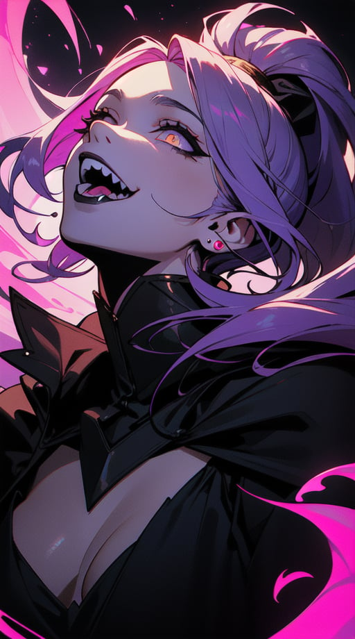 (masterpiece, top quality, best, official art, beautiful and aesthetic:1.2), looking up, (beautiful detailed face), (beautiful detailed eyes:1.2), (Smoky golden eyes:1.2), | black and purple hair, mohawk hair, solo, black eye shadow, | symetrical and detailed clothes, | darkness, pink smoke, shining light, | bokeh, depht of field, | hyperealistic shadows, smooth detailed,  black lips, black lipstick, necromancy, skeleton, cloak, darkness, abyss, adjucator, sharp teeth, laugh, playful. terror, Ghostly effect, otherworldly hues, vibrant colors, tongue out,ponytail, wildfire, 