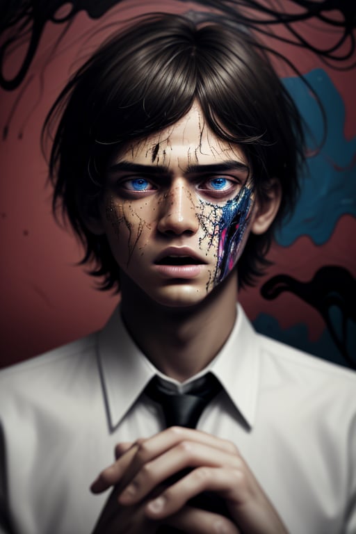 best quality, ultra-detailed, high_res, a man with abstract skin,messy middle part short hair,close up,middle part hair, open mouth,death stare, detailed eyes, abstract skin color, hand holding face,perfect eyes,formal shirt, abstract color, full abstract skin, abstract skin