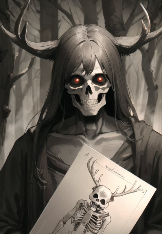 realistic drawing of a Wendigo, animal, horror themed, hyper detailed, horror, scary, forest, dynamic light, graphic novel style, dark colours, dark fantasy, manga, detailed background, parchment paper, masterpiece, best quality, antlers, looking_at_viewer, dark tone, dark background, deer skull face, monster, woodlike skin, lurking, non-human, skeleton, red eyes, long face, 
