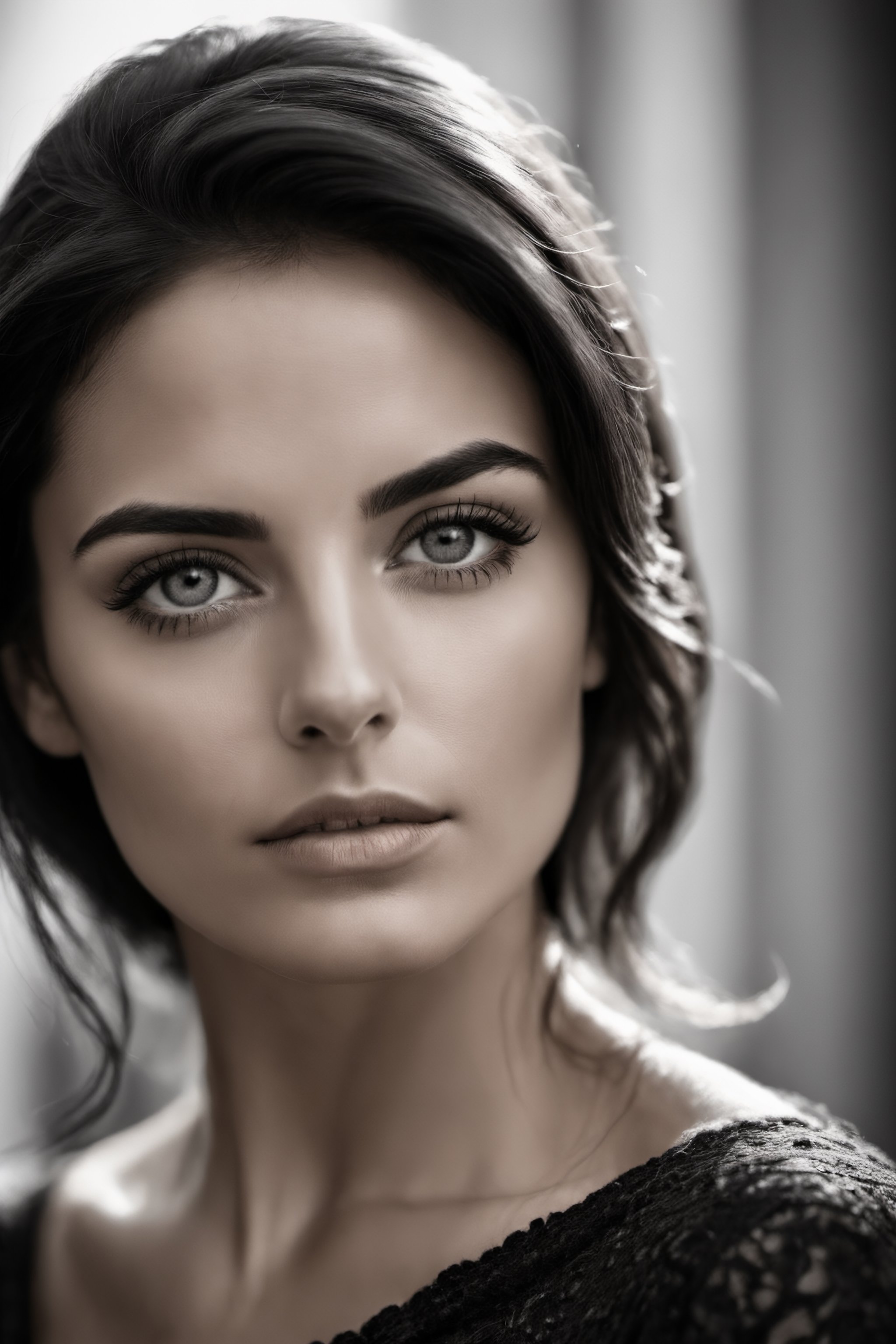 black and white, grayscale, bw, monochrome photograph close up portrait of beautiful italian Female, 36 years old, black hair, two different eye-colors, serious, stoic cinematic 4k epic detailed 4k epic detailed photograph shot on kodak detailed bokeh cinematic hbo dark moody.
,photo r3al,REALISTIC