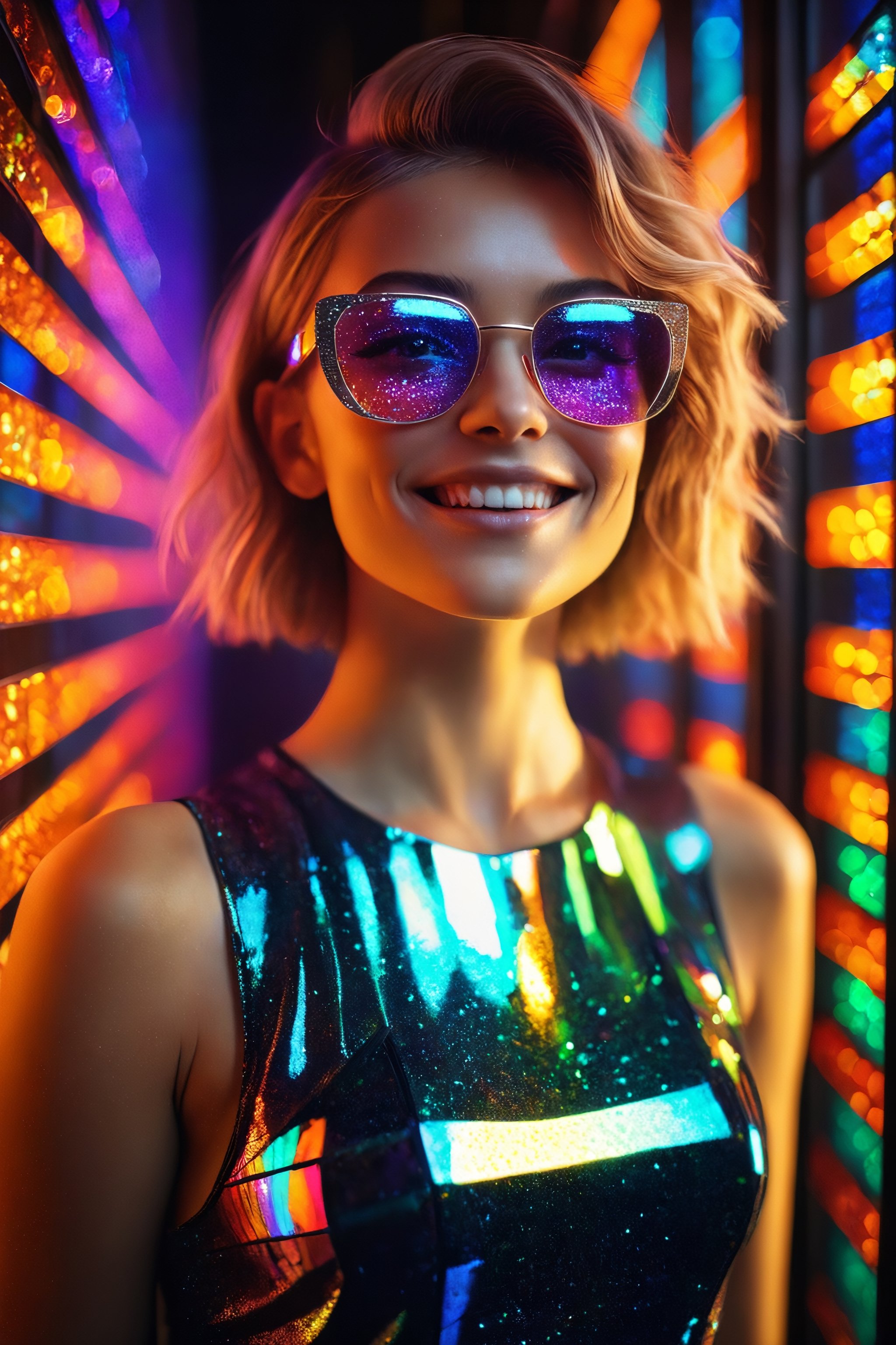 RAW Photography,cloae-up cute smiling young woman in led square glasses and glitter glow dress, laser rays, disco style, High fade hair,colored transparent glass, stained glass,unreal fashion,(specular reflection, mirrored, extremely intricate, ray tracing:1.4), vivid colors,high quality textures of materials, volumetric textures, coating textures, fabric textures, metal textures, stone textures, natural textures,high detail, high sharpness, high clarity,photography, detailed photography,photoshadow,  intricate details, 8k, masterpiece, dynamic play of light, deep darks, rich emotive colors, 35mm photograph, film grain, kodachrome, award winning photography, perfect composition, epic shot, perfectly quality, vibrant and colorful
