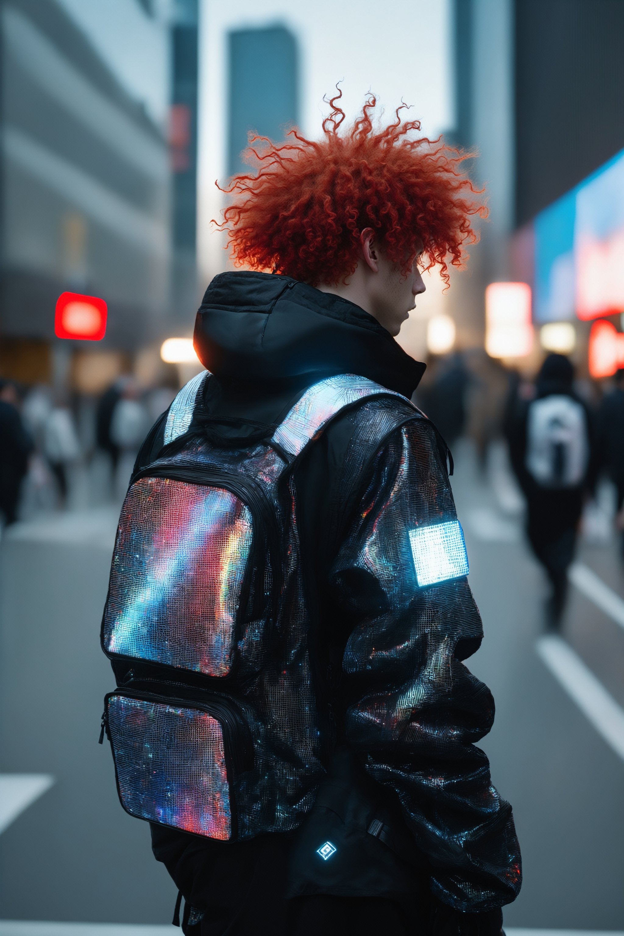 street photography, DOF, Bokeh, techwear, black holographic streetwear fashion statement, white male, red curly hair, seen from back
,DonMT3chW0rldXL