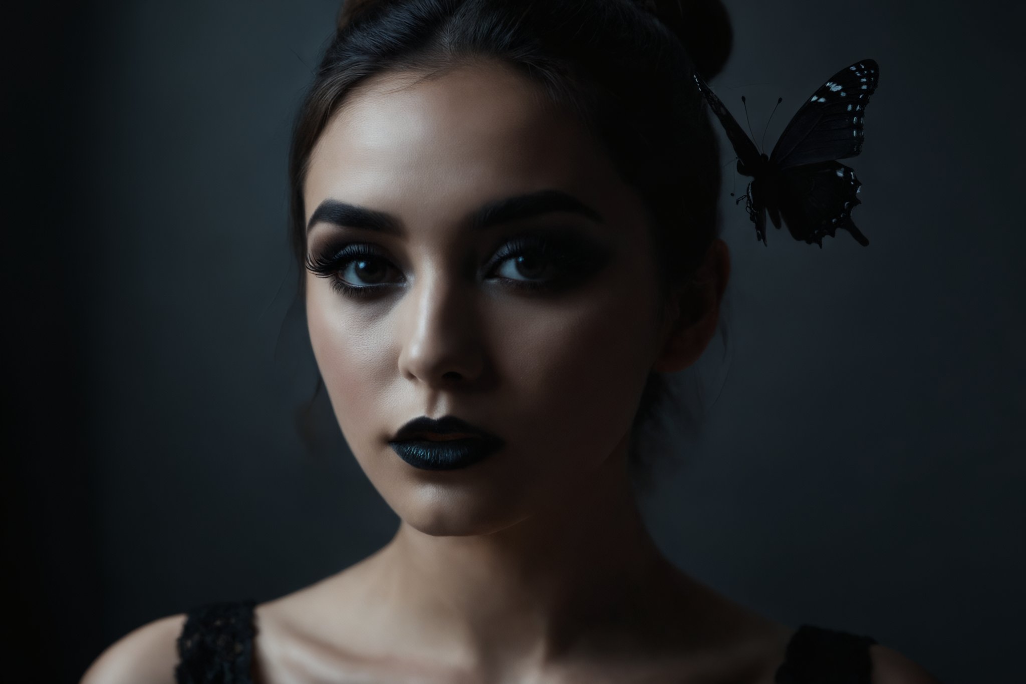 cinematic film still of  
Butterfly lighting photography of a woman with black makeup and black eyelashes,1girl,solo,looking at viewer,simple background,monochrome,greyscale,parted lips,teeth,grey background,black background,portrait , nose shadow, realistic, realism, photorealism, hyperrealism, hyperrealistic, realistic, sharp, detailed, cinematography style, film light style, movie still,  professional photography, artistic, perfection, contrast, cinematic, filmic, high quality photo,  8k quality, colorful, nose covered in shadow, photography style, butterfly lighting style, shallow depth of field, vignette, highly detailed, high budget, bokeh, cinemascope, moody, epic, gorgeous, film grain, grainy
