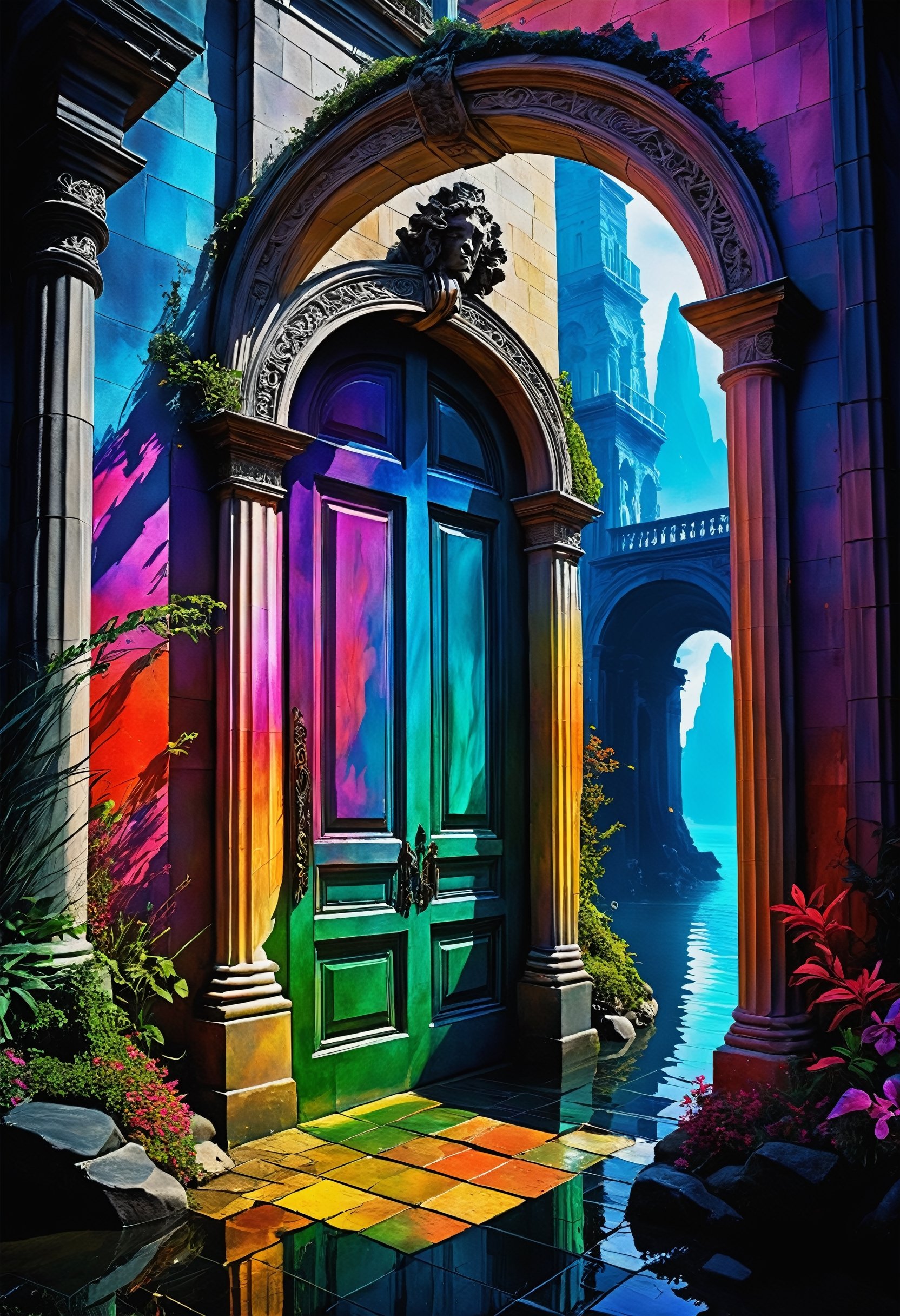 Shadows harbor doorways to otherworldly realms, ultra-fine digital painting, ,    Gorgeous splash of vibrant paint
,colorful