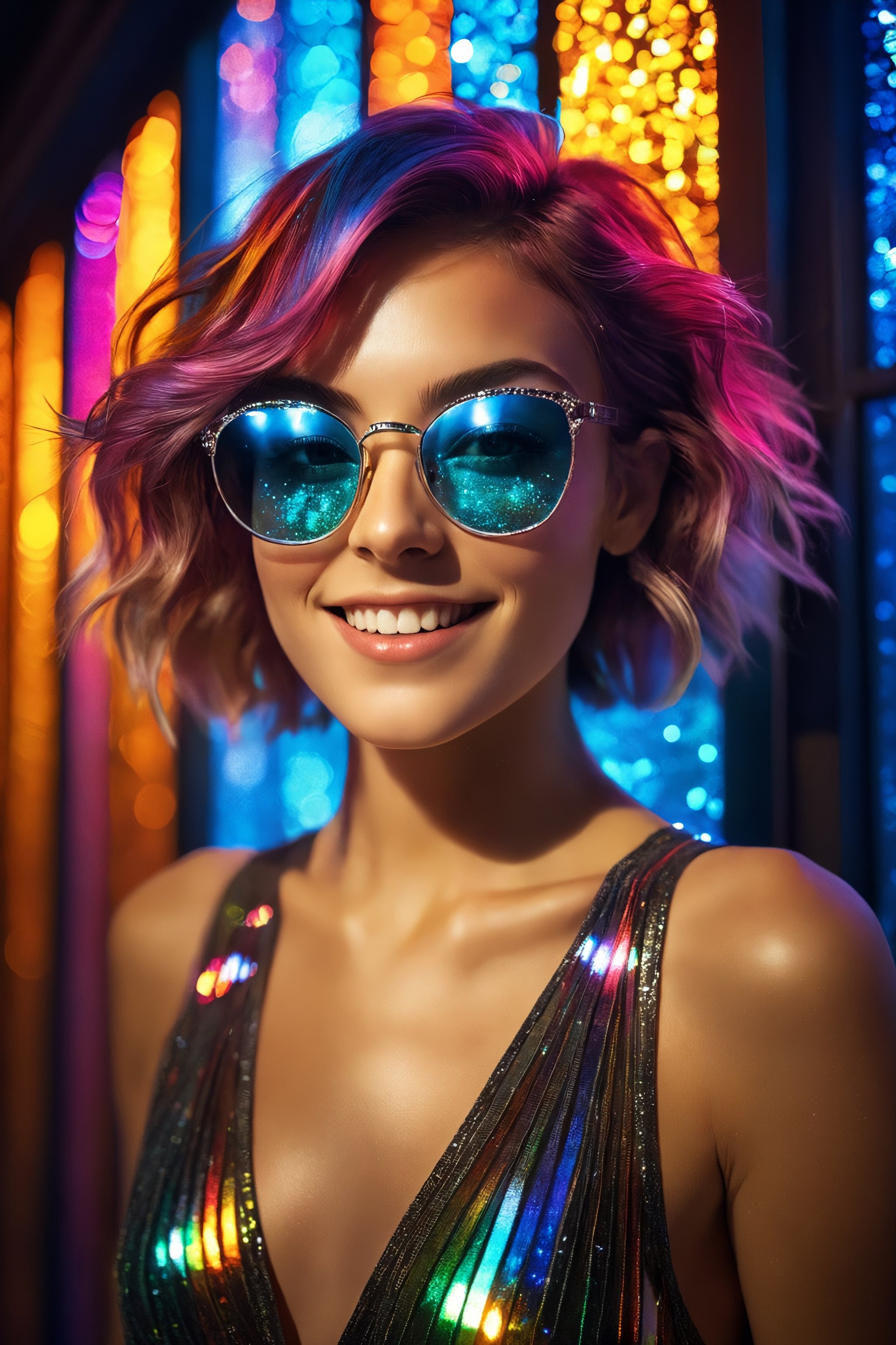 RAW Photography,cloae-up cute smiling young woman in led square glasses and glitter glow dress, laser rays, disco style, High fade hair,colored transparent glass, stained glass,unreal fashion,(specular reflection, mirrored, extremely intricate, ray tracing:1.4), vivid colors,high quality textures of materials, volumetric textures, coating textures, fabric textures, metal textures, stone textures, natural textures,high detail, high sharpness, high clarity,photography, detailed photography,photoshadow,  intricate details, 8k, masterpiece, dynamic play of light, deep darks, rich emotive colors, 35mm photograph, film grain, kodachrome, award winning photography, perfect composition, epic shot, perfectly quality, vibrant and colorful
