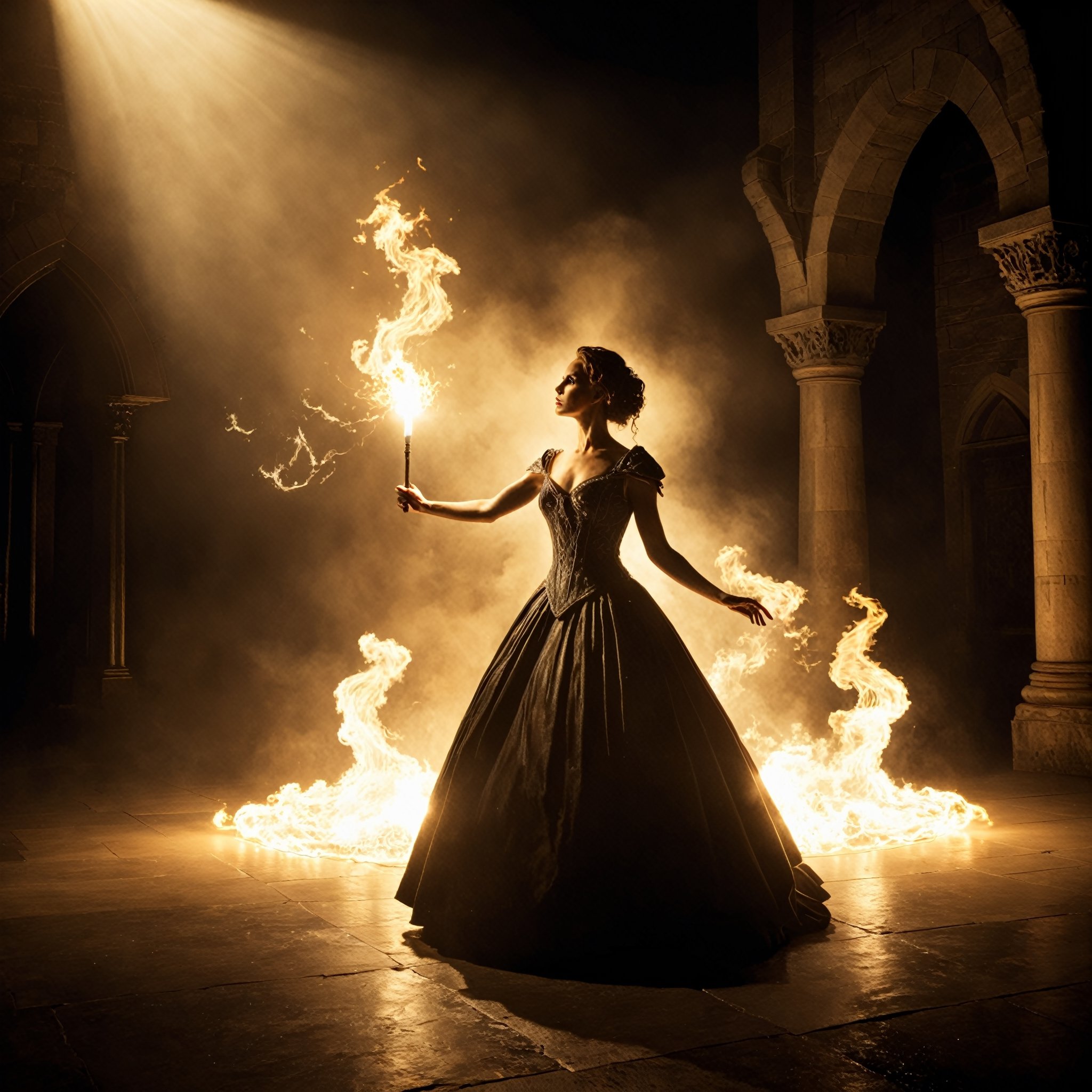dramatic shot depicting it's a kind of magic, dramatic lighting, moment of high drama, thematic setting
